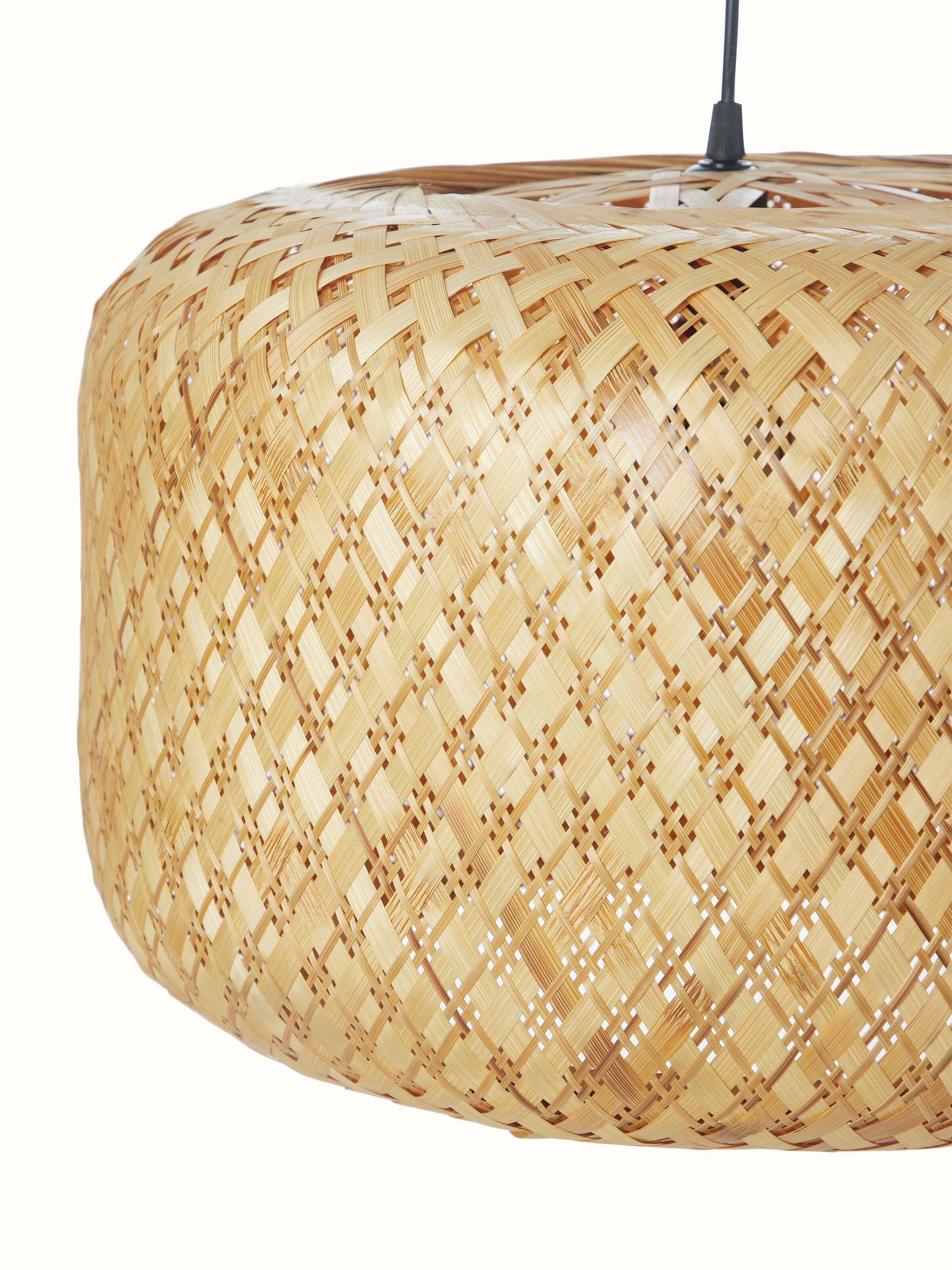 Close-up of large bamboo LED pendant light focusing on its textured surface and stylish design