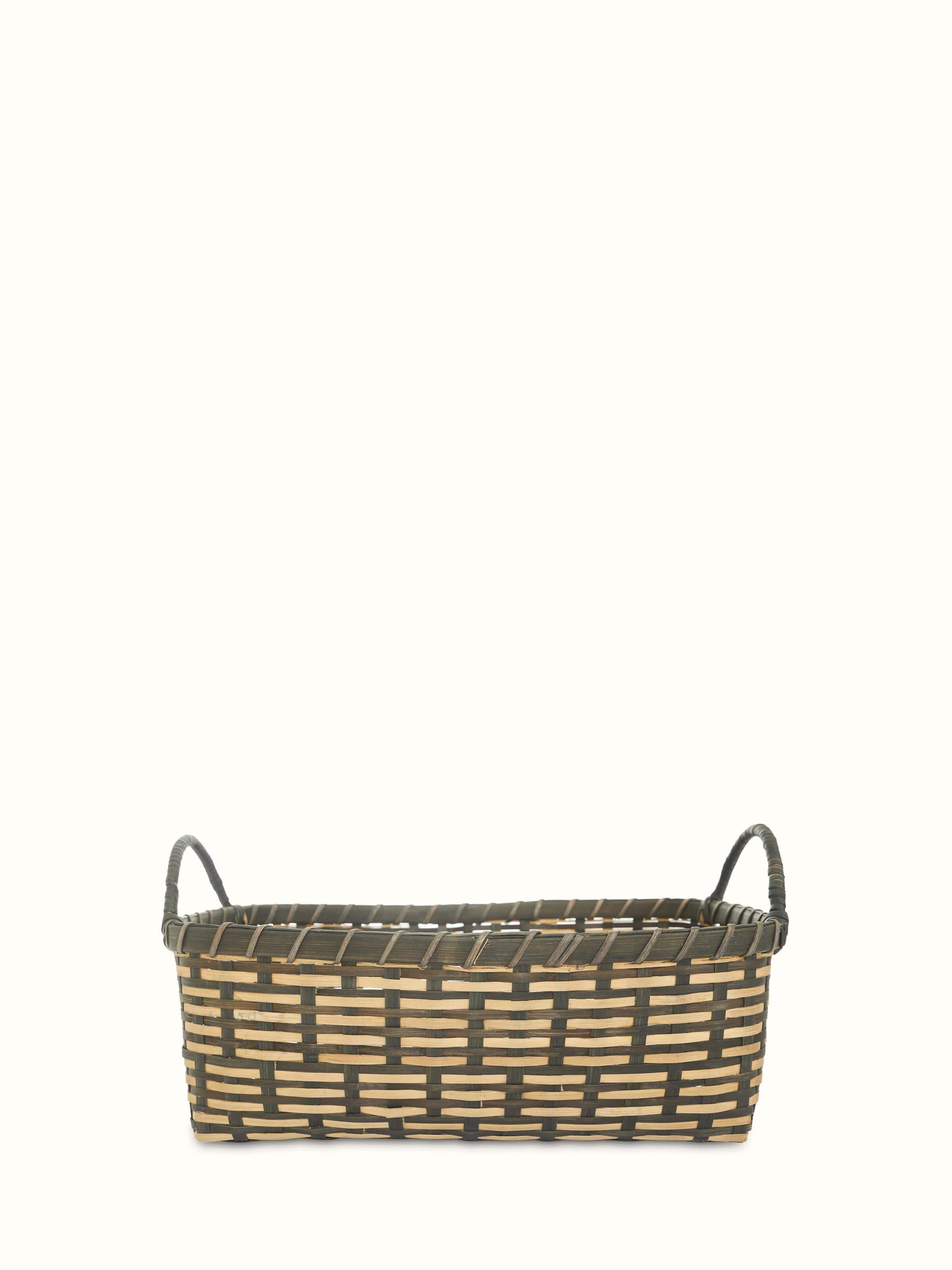 Front view of Bamboo storage organiser displaying multiple compartments and natural bamboo finish