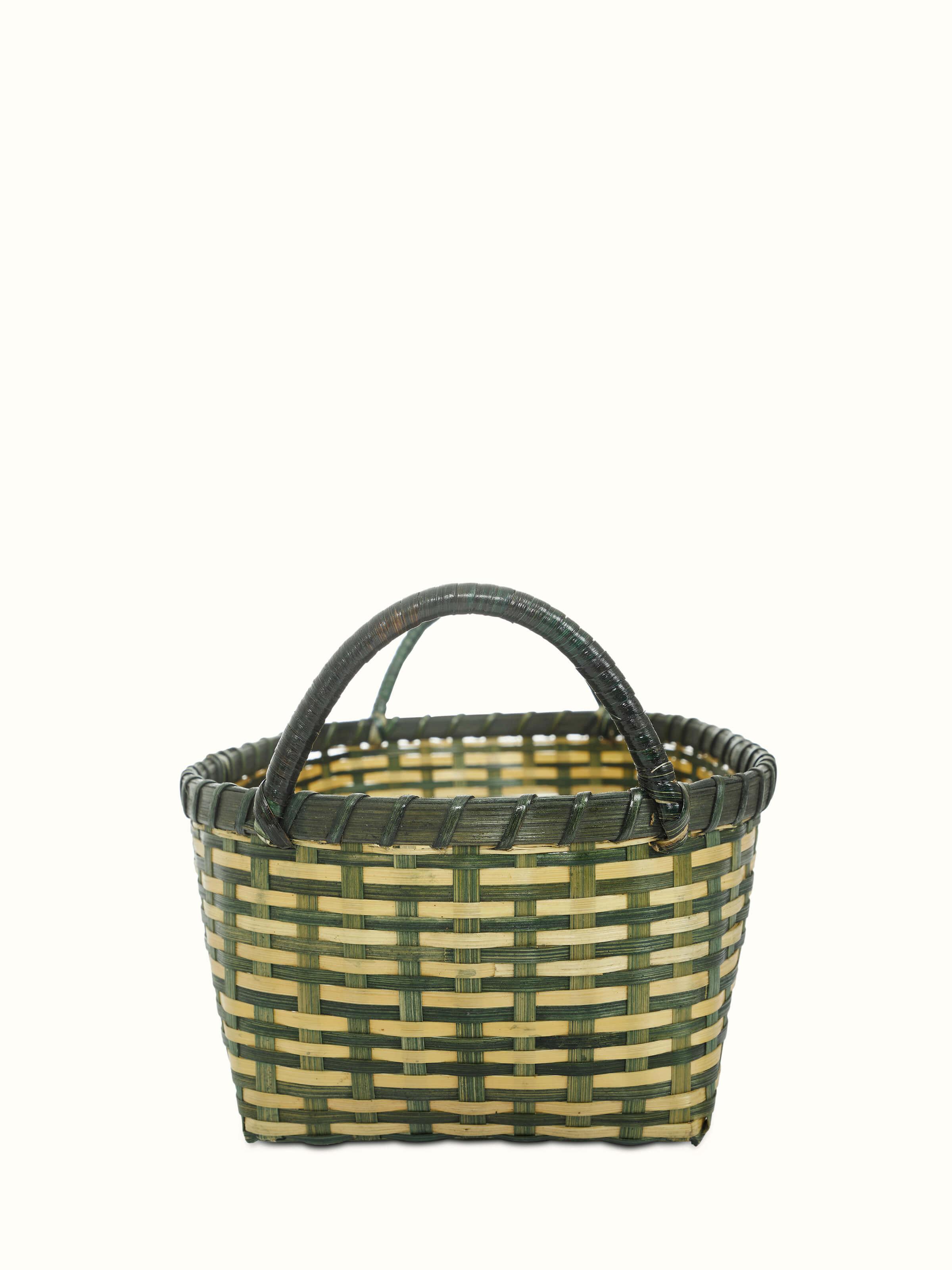 Front view of bamboo storage organiser in green, highlighting the design and functionality.