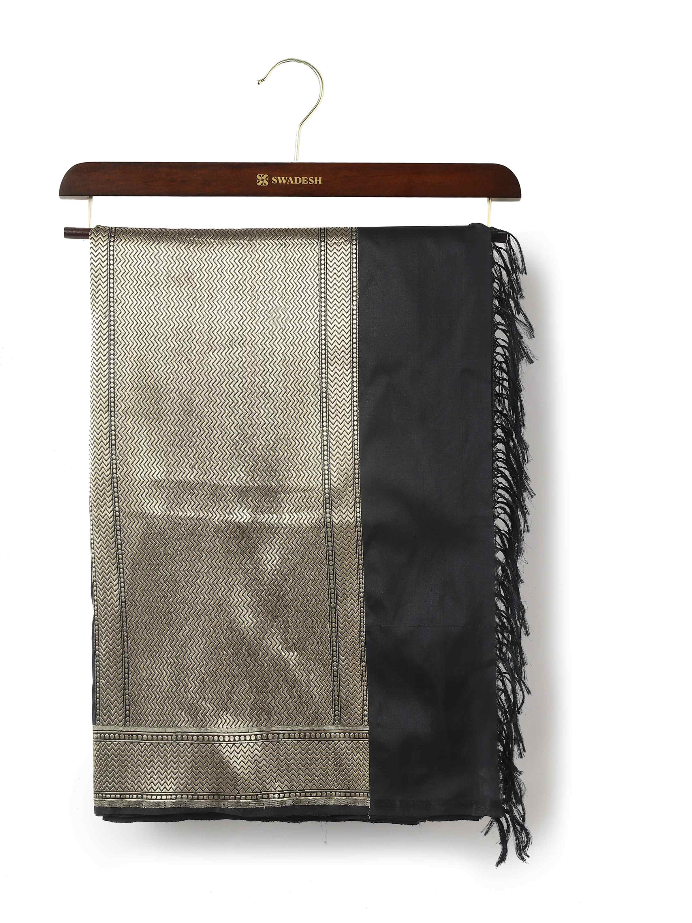 Black silk Banarasi dupatta with intricate golden zari work displayed front-facing on a white background.
