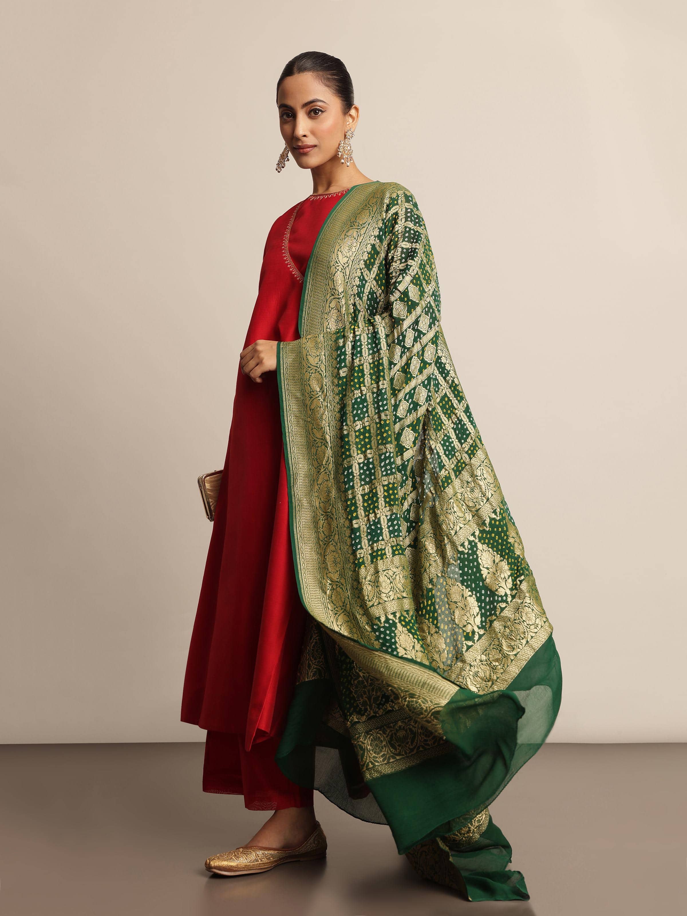 Green Silk Georgette Bandhani Tie & Dye Dupatta