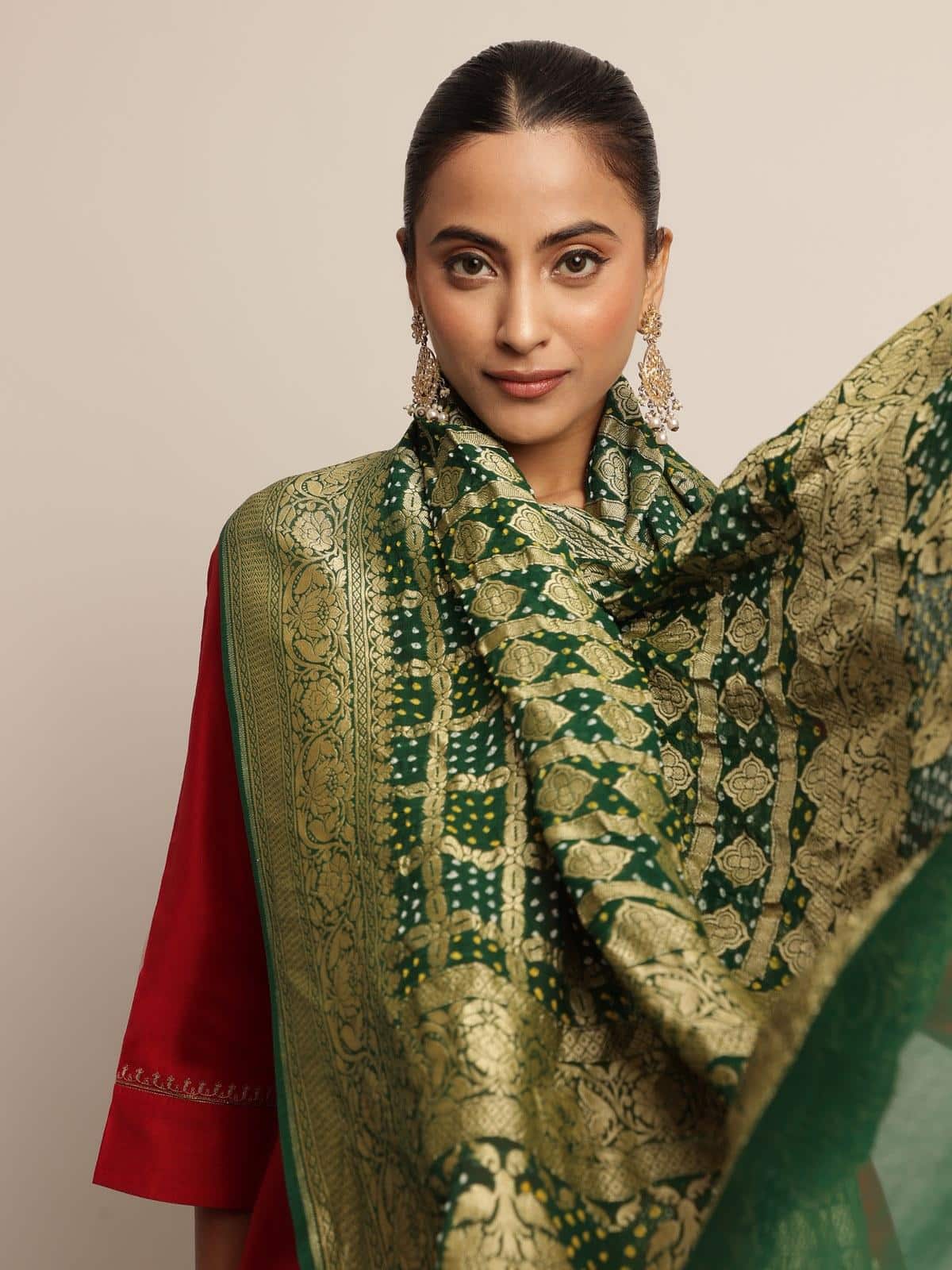 Green Silk Georgette Bandhani Tie & Dye Dupatta