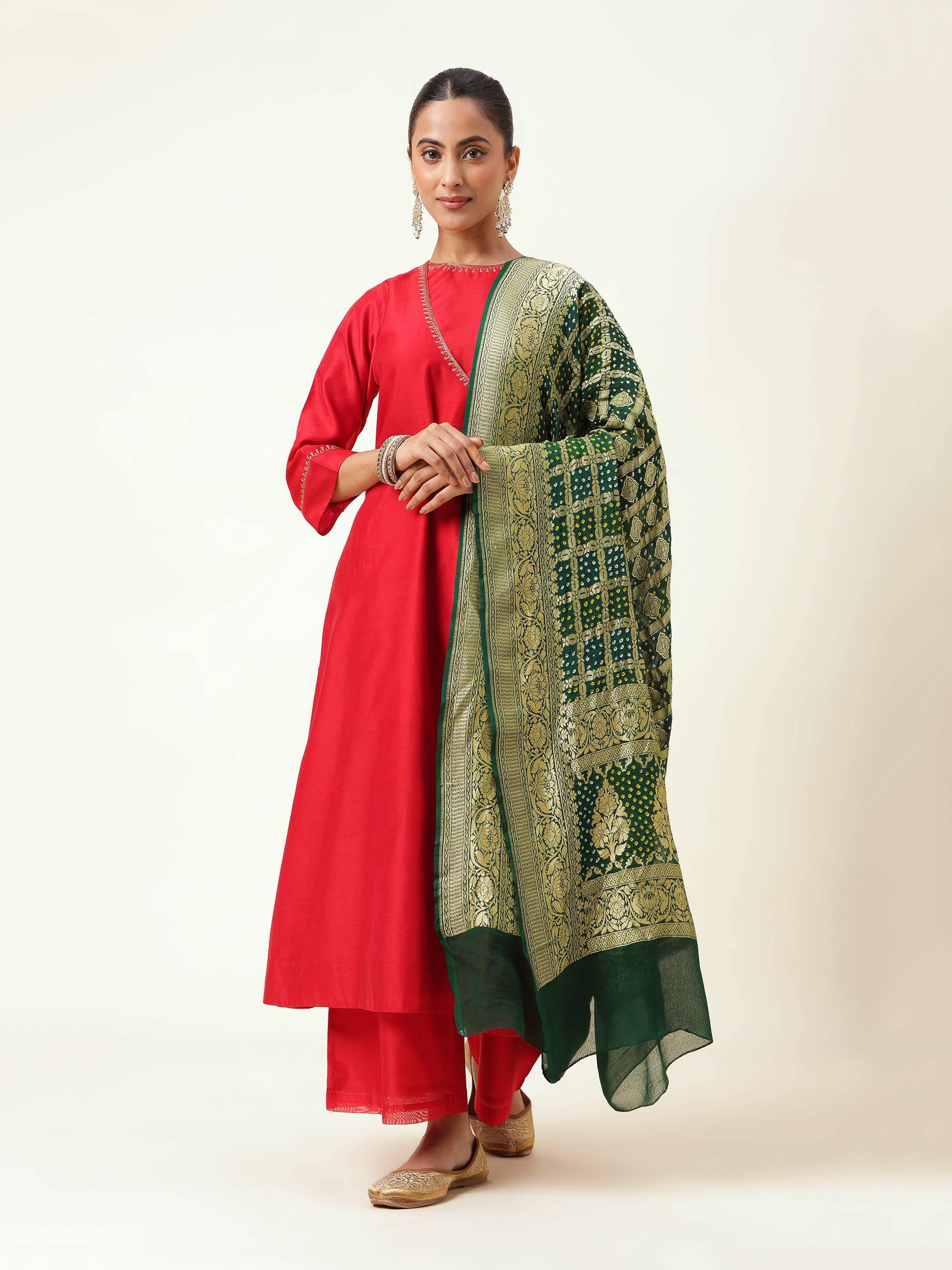 Green Silk Georgette Bandhani Tie & Dye Dupatta