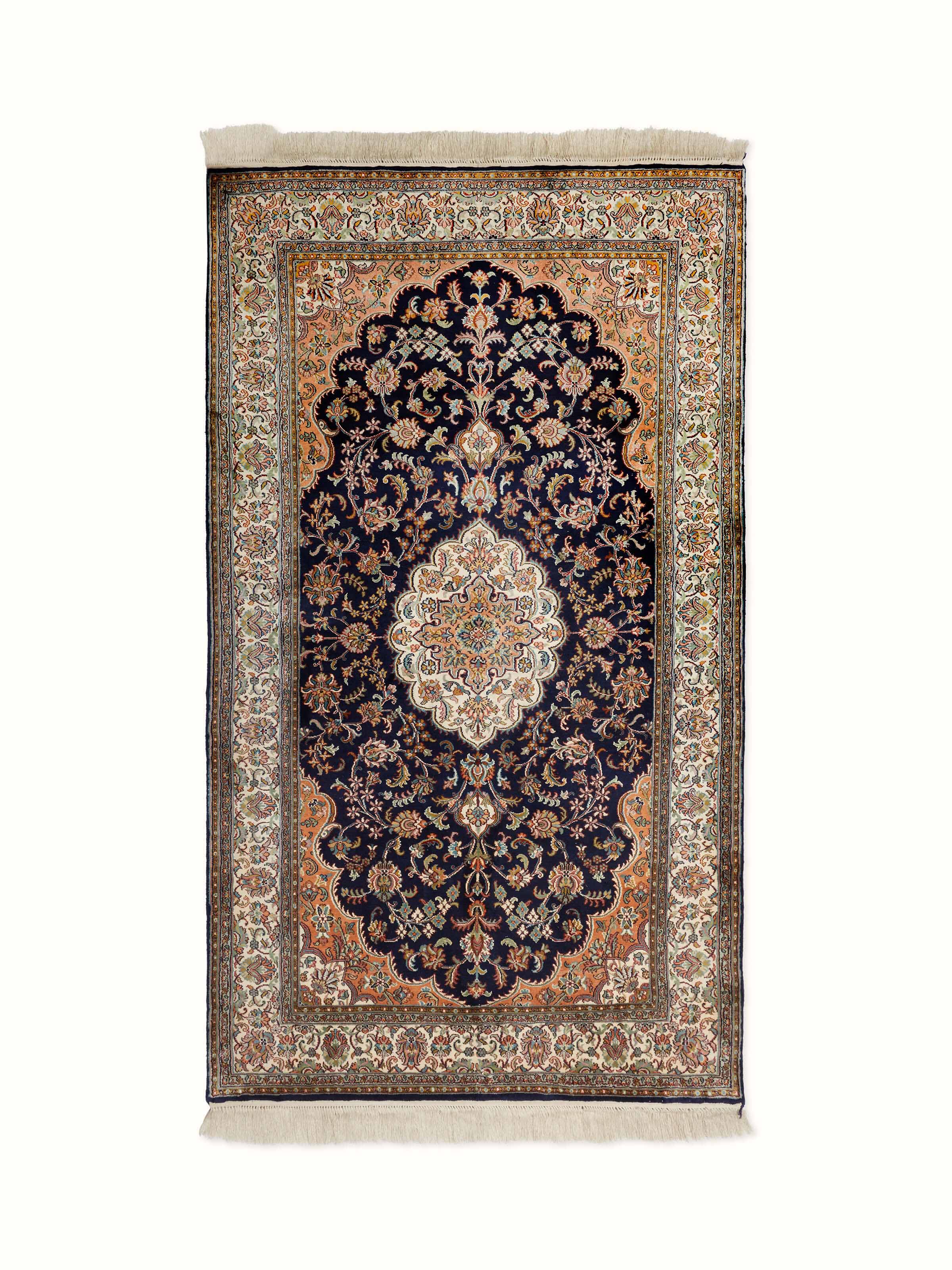 Front view of Traditional Persian Navy Rust Kashan Kashmir Silk Hand-Knotted Carpet displaying intricate patterns