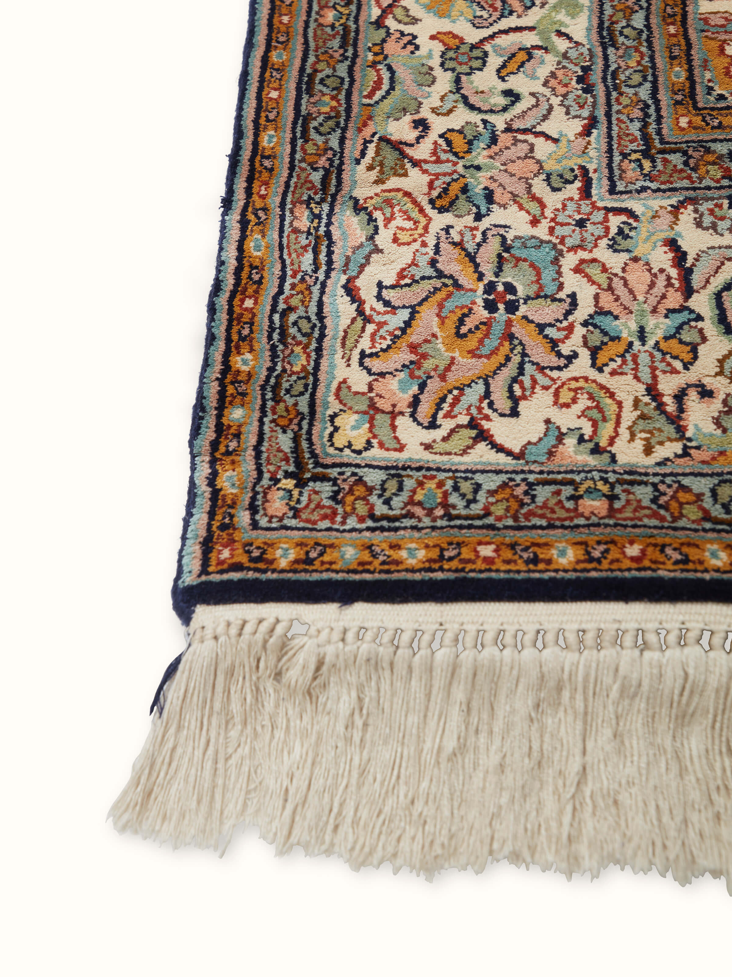 Detailed view of Traditional Persian Navy Rust Kashan Kashmir Silk Hand-Knotted Carpet highlighting craftsmanship