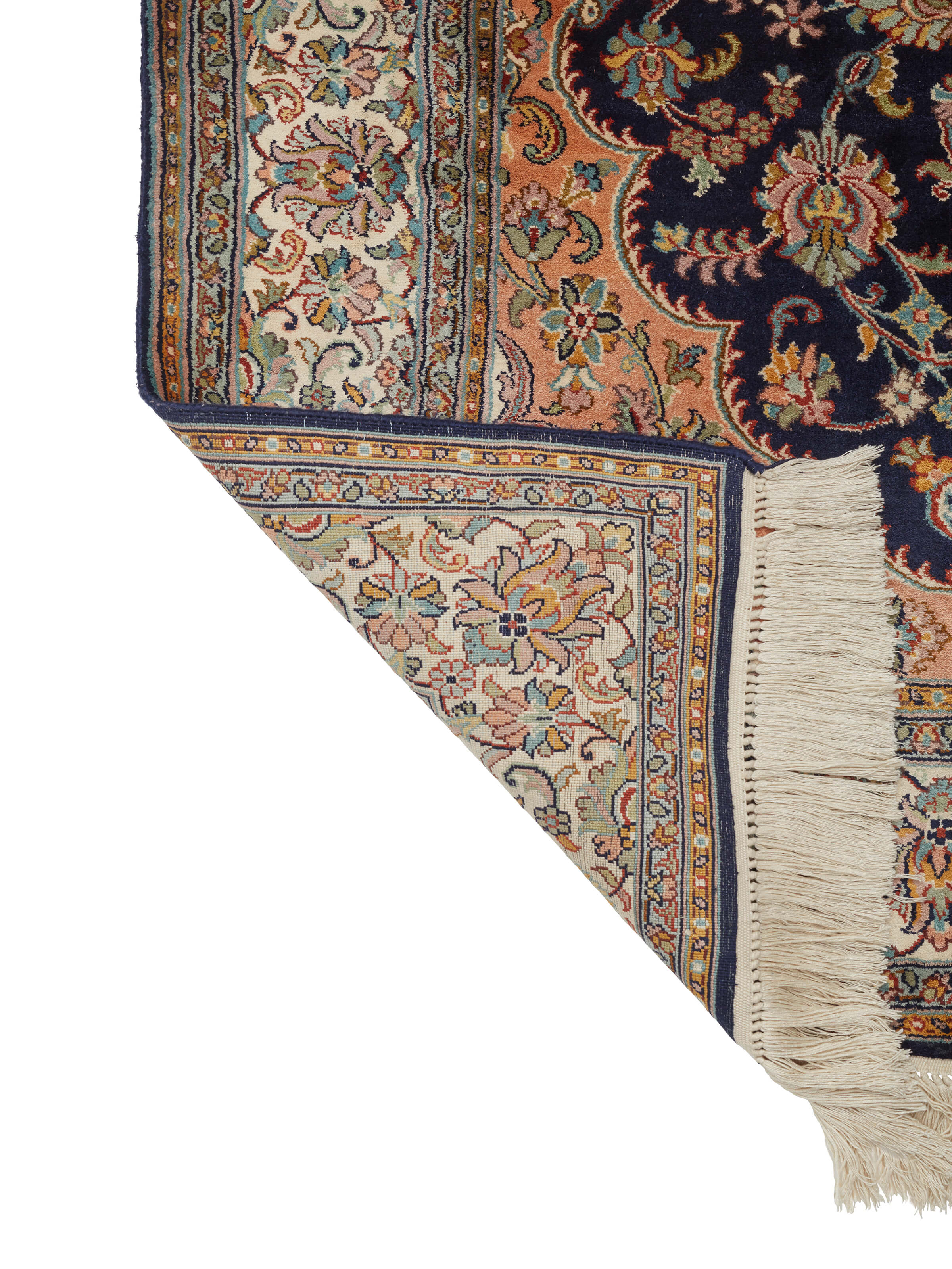Close-up of Traditional Persian Navy Rust Kashan Kashmir Silk Hand-Knotted Carpet focusing on intricate details