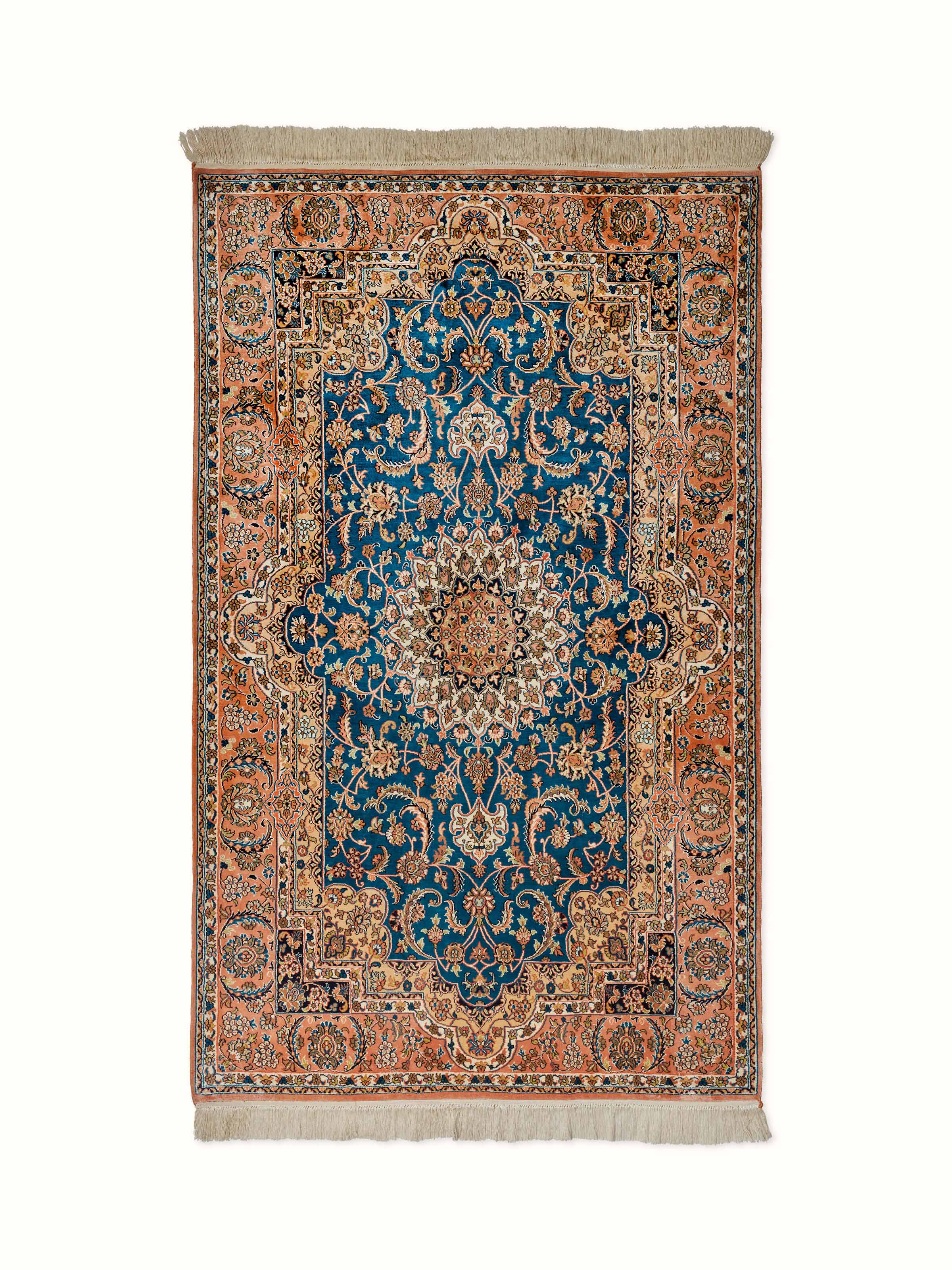 Traditional Persian teal rust Kashan Kashmir silk hand-knotted carpet, displaying the full carpet with intricate design