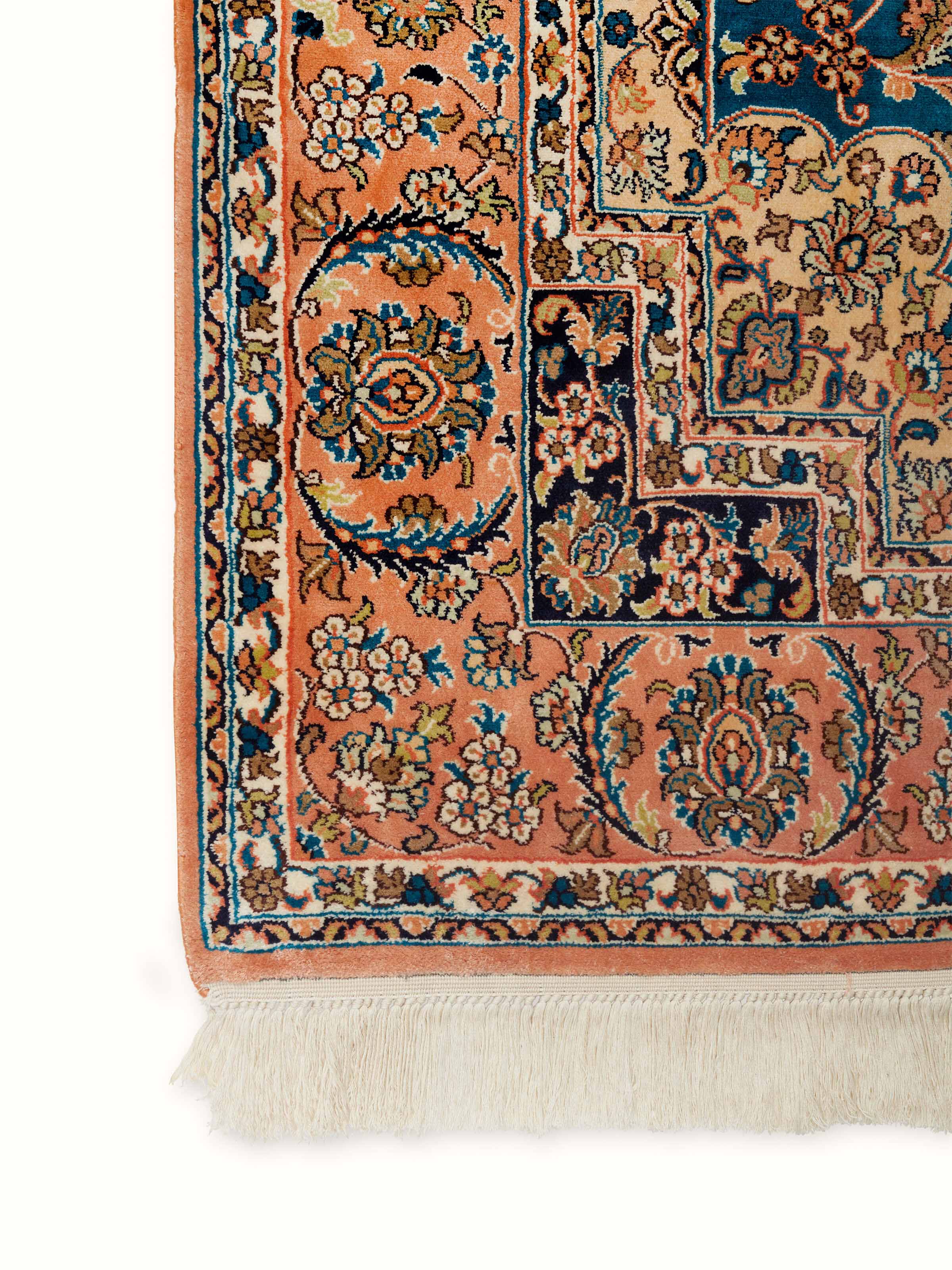 Detailed view of Traditional Persian teal rust Kashan Kashmir silk hand-knotted carpet, focusing on the design details