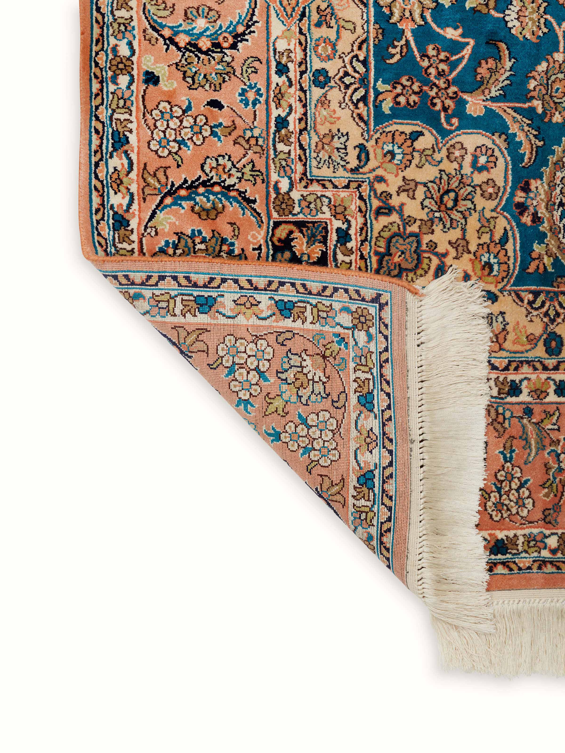 Traditional Persian teal rust Kashan Kashmir silk hand-knotted carpet, showcasing the intricate patterns and colors