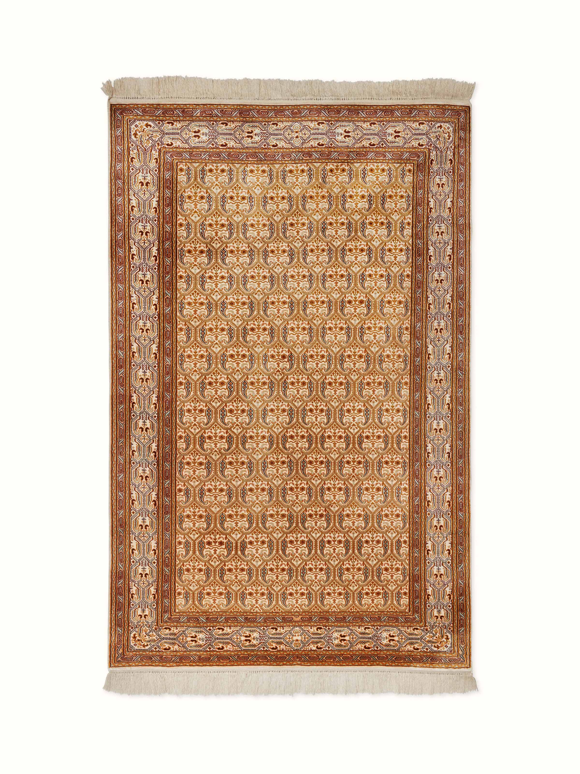 Front view of Traditional Persian Ivory Senna Kashmir Silk Hand-Knotted Carpet showcasing intricate floral patterns and luxurious silk texture