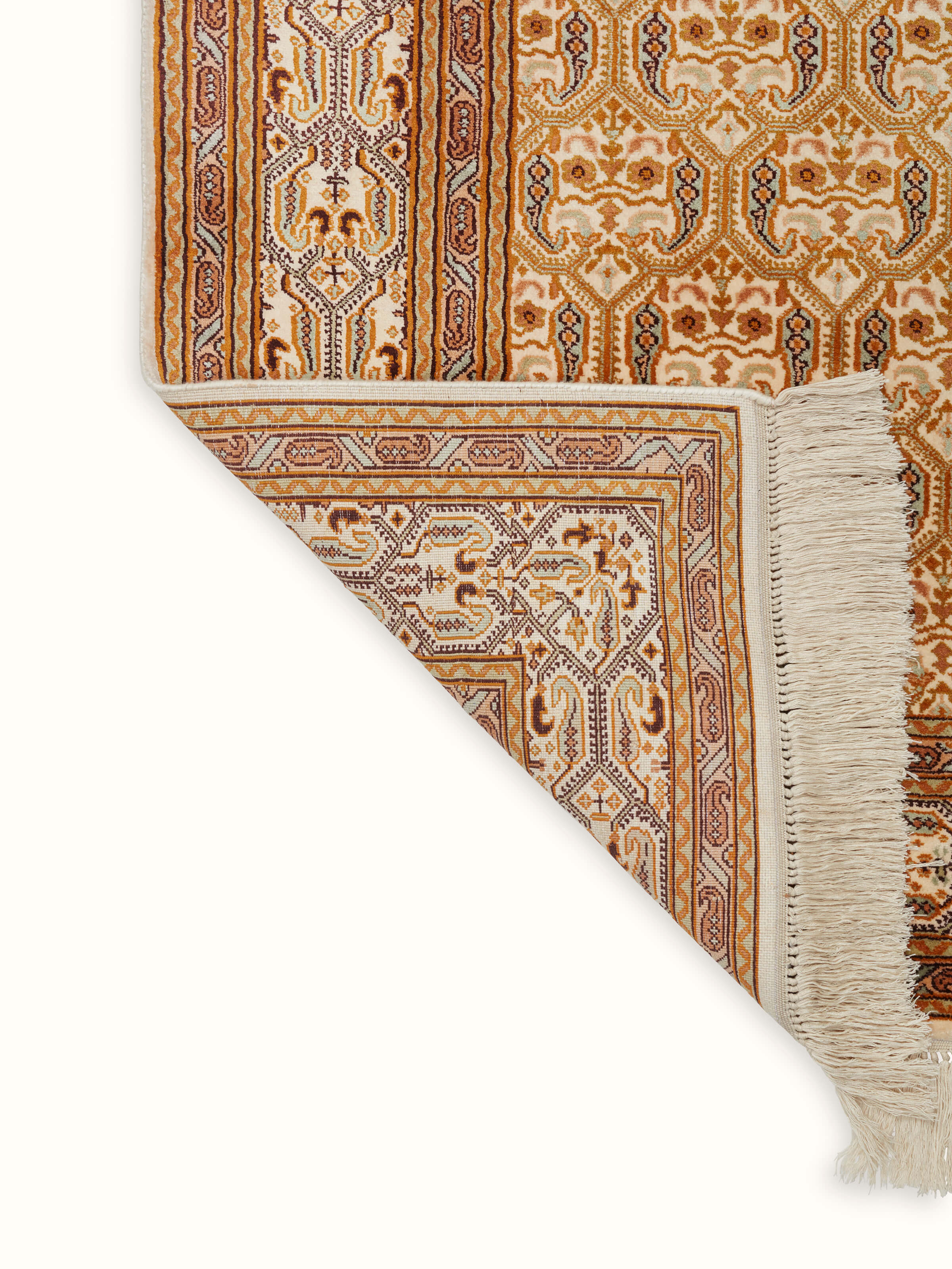 Back view of Traditional Persian Ivory Senna Kashmir Silk Hand-Knotted Carpet displaying the fine quality of the silk material and expert weaving