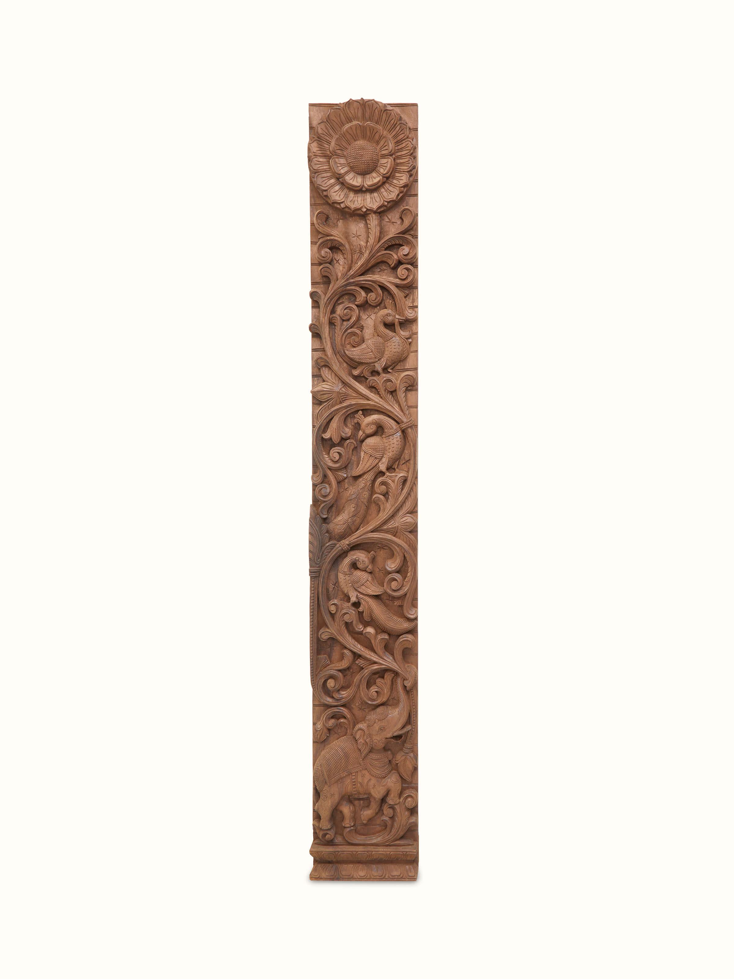 Front view of Carved Neem Wood Peacock & Elephant Panel highlighting the intricate carvings of peacock and elephant.