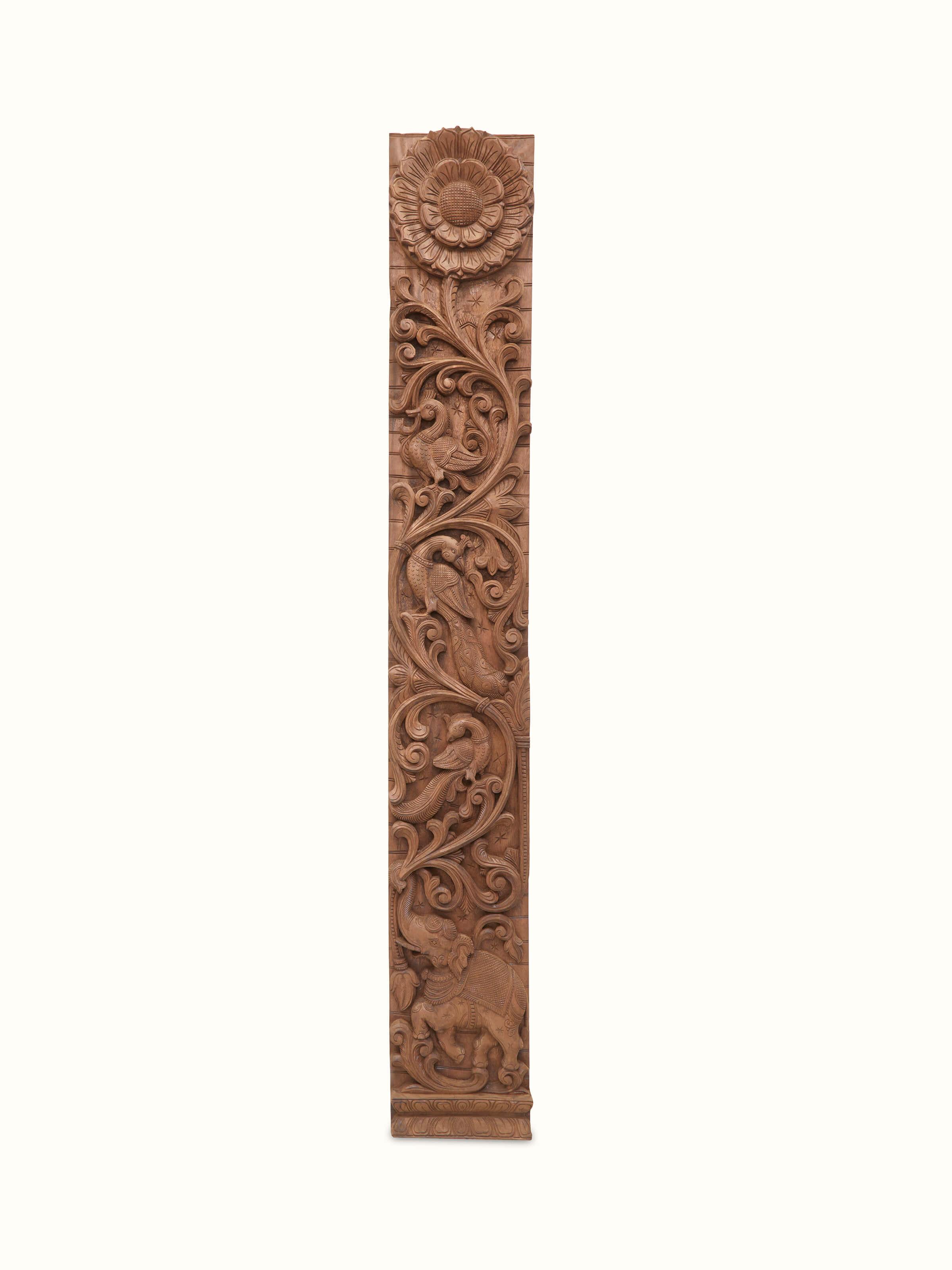 Side view of Carved Neem Wood Peacock & Elephant Panel showing the depth and detail of the carvings.