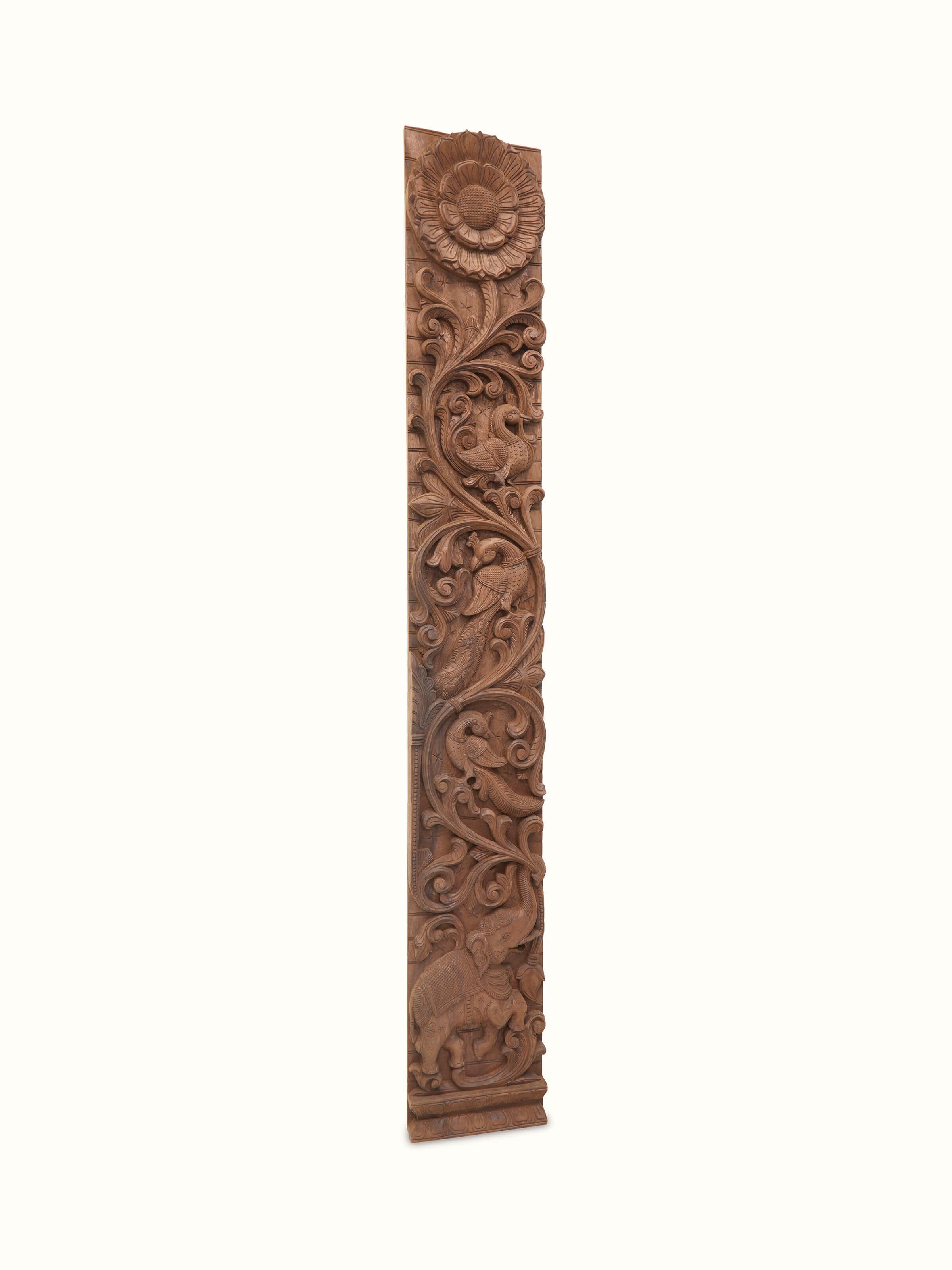 Alternate view of Carved Neem Wood Peacock & Elephant Panel showcasing the overall design and carved elements.