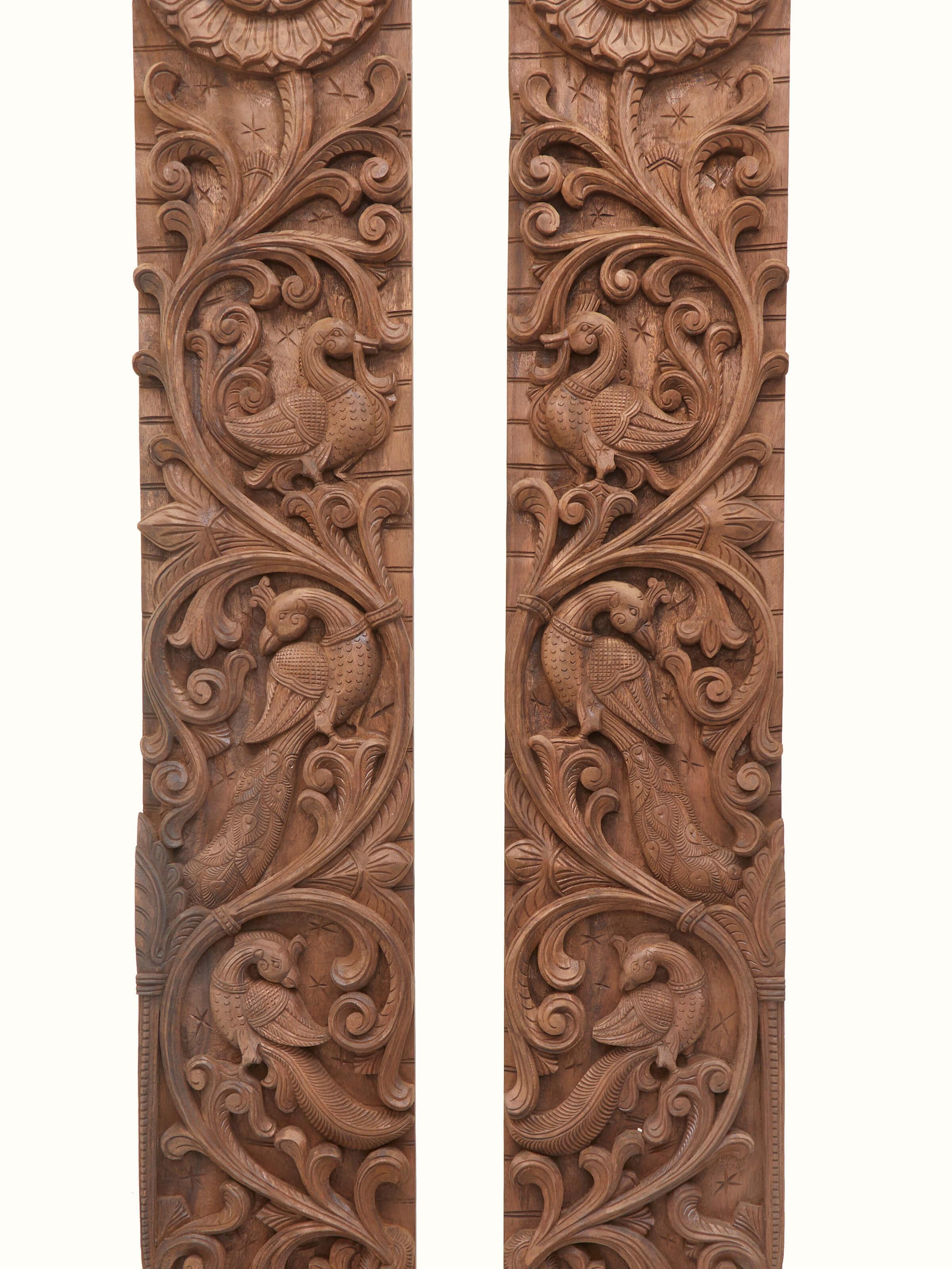 Detailed view of Carved Neem Wood Peacock & Elephant Panel highlighting the fine details and artistic carvings.