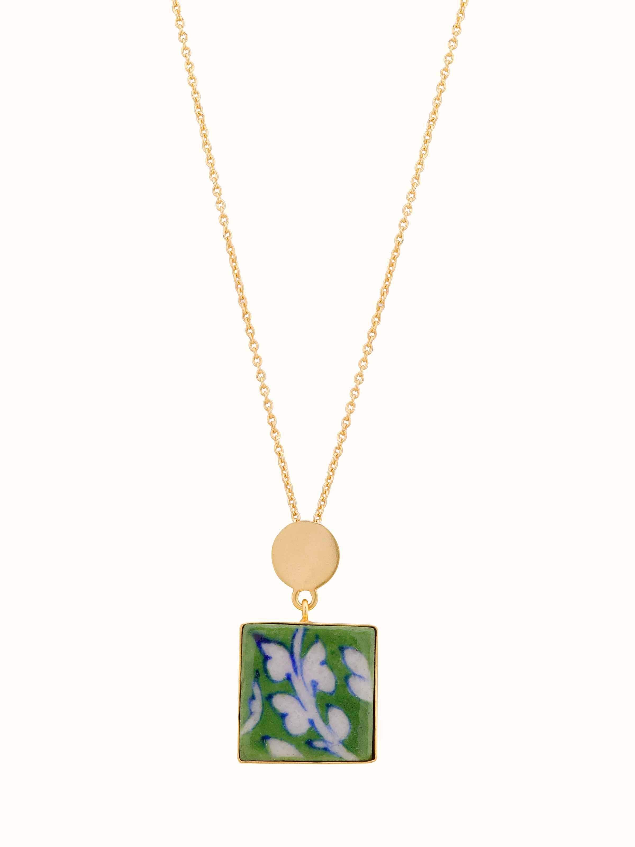 Front view of Blue Pottery Pendant & Chain highlighting the vibrant blue pottery design and chain