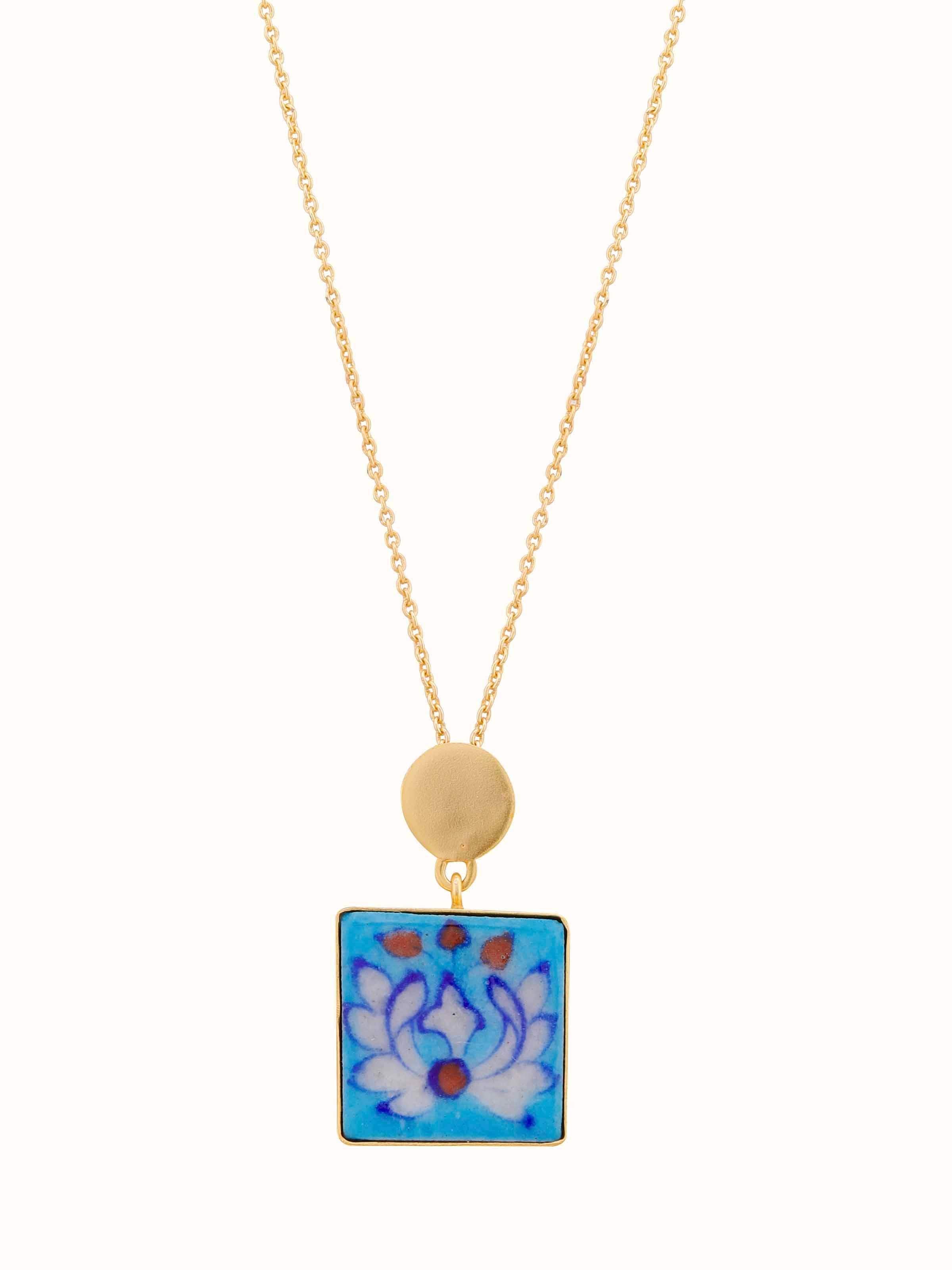Front view of Blue Pottery Pendant & Chain highlighting the vibrant blue pottery design and elegant chain