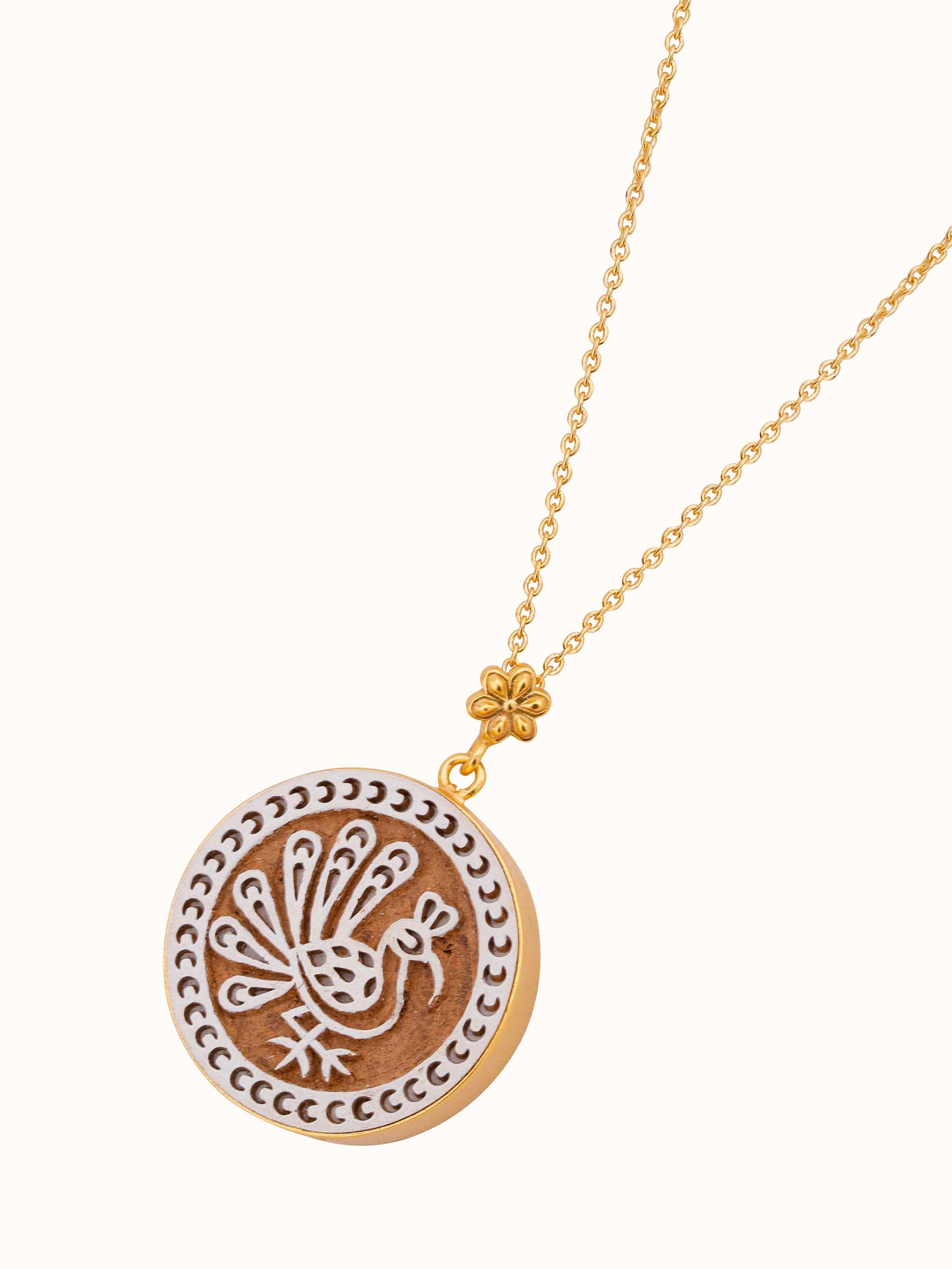 Angled view of Teakwood Pendant and Chain showing the pendant's intricate details and chain's drape
