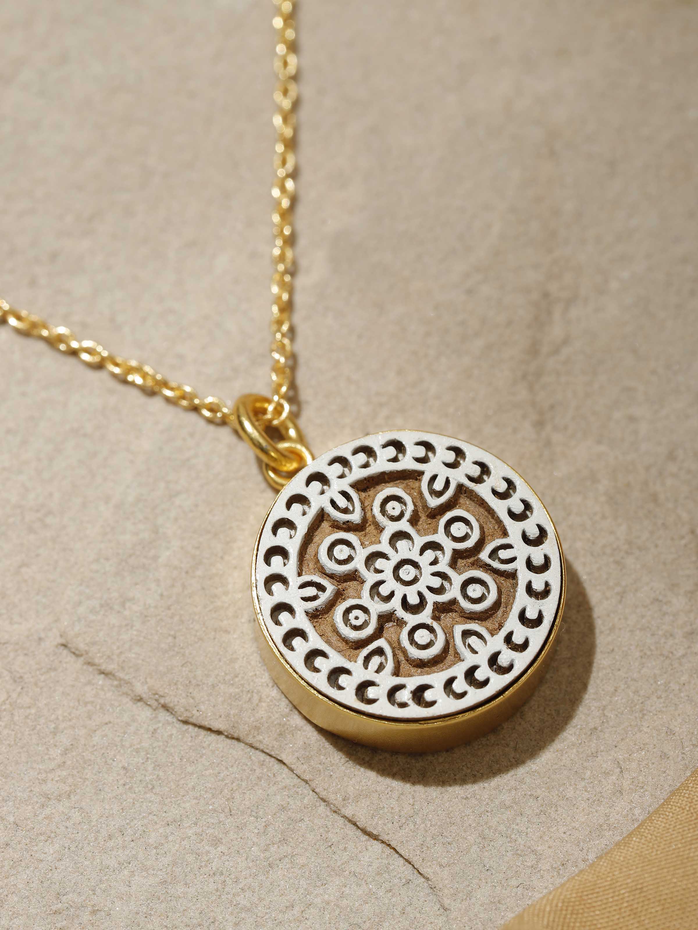 Close-up of Teakwood Pendant & Chain highlighting its craftsmanship and wood finish by Swadesh