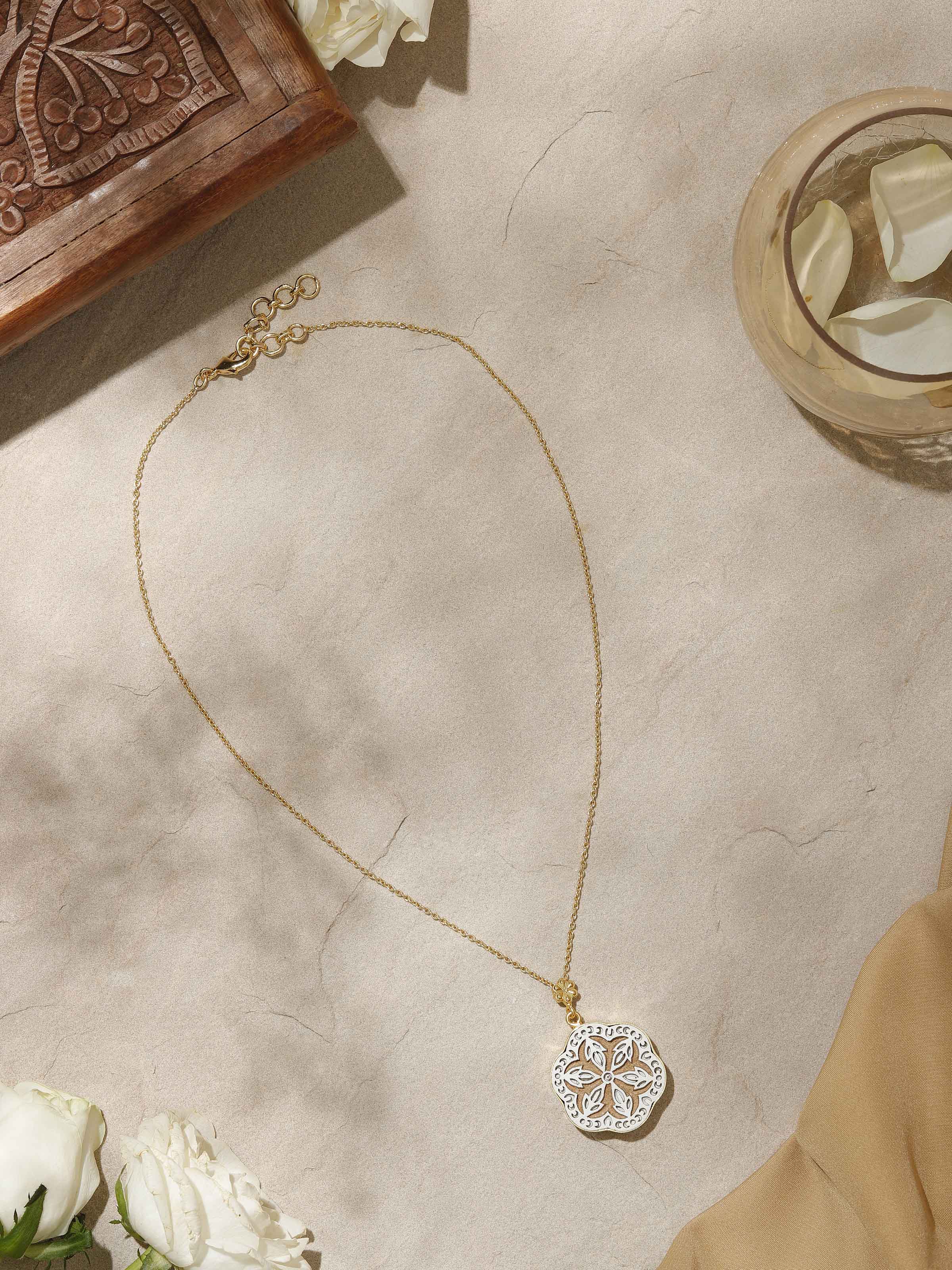 Side view of Teakwood Pendant and Chain showing the pendant's design and the chain's length