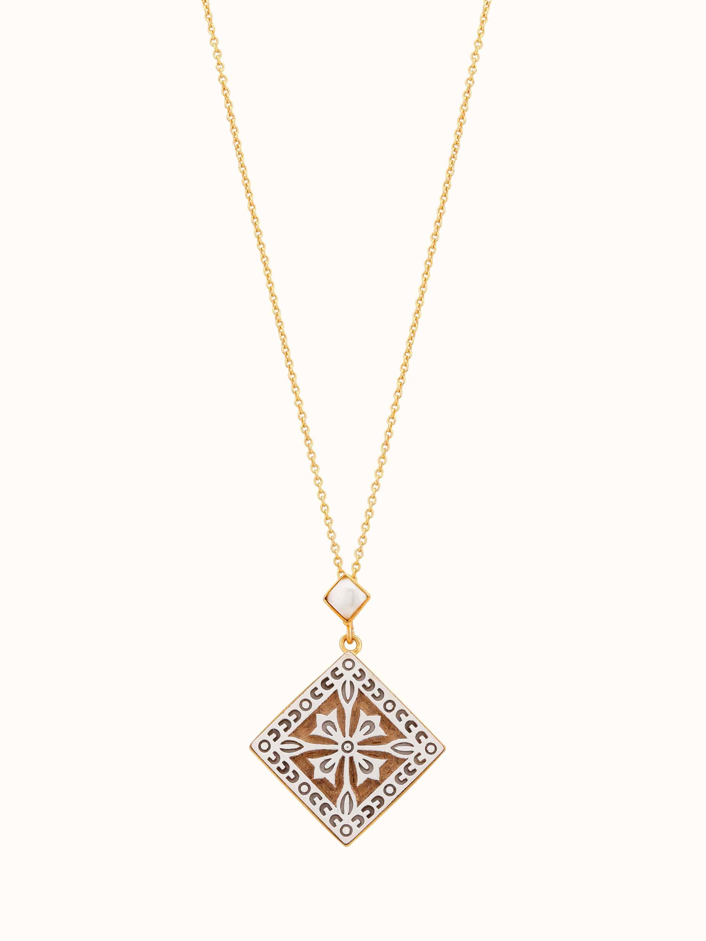 Front view of Teakwood Pendant & Chain displaying the unique teakwood design and elegant chain arrangement