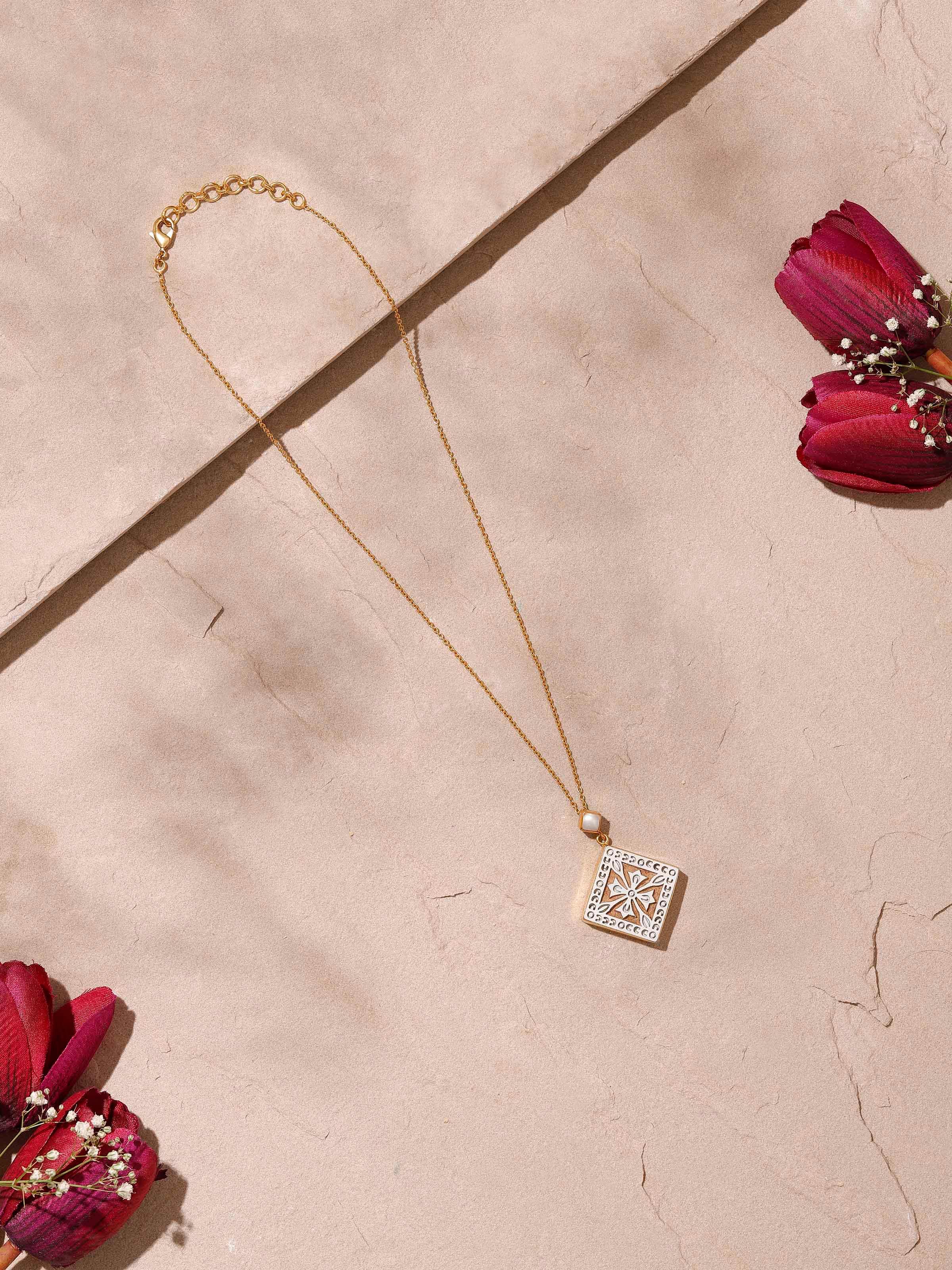 Side view of Teakwood Pendant & Chain focusing on the detailed woodwork and pendant’s sleek design
