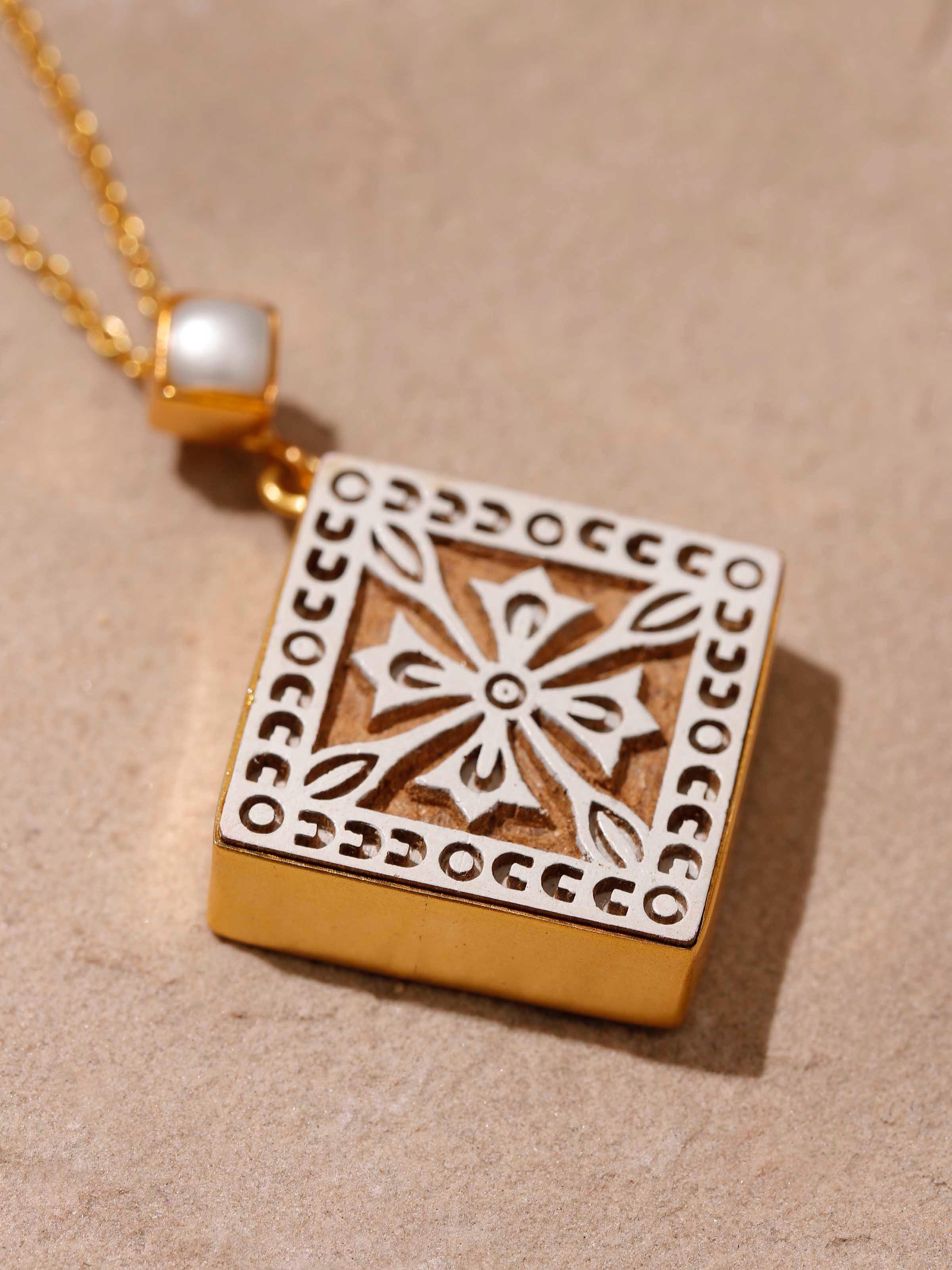 Detailed view of Teakwood Pendant & Chain highlighting the pendant’s craftsmanship and chain detail
