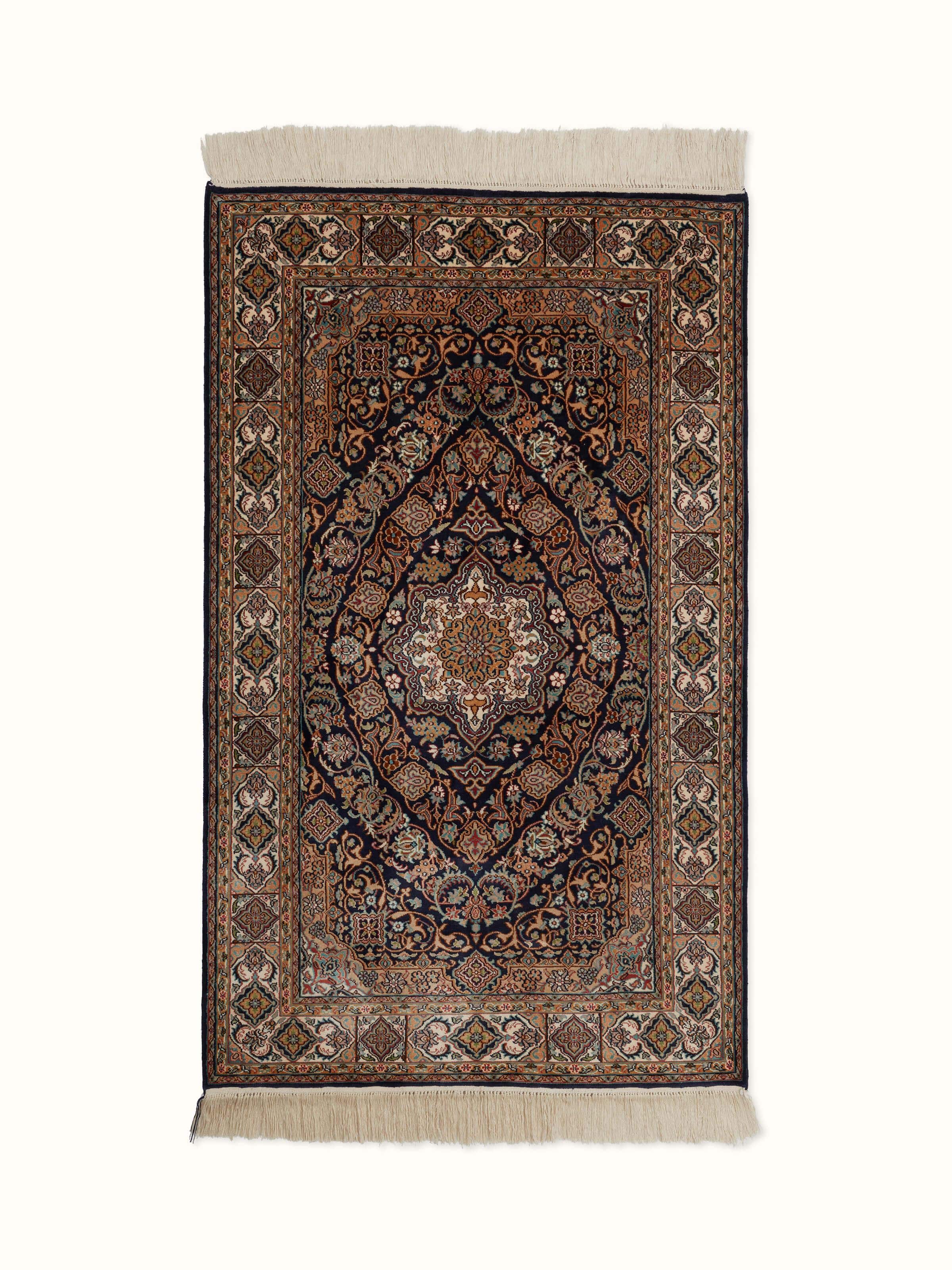 Front view of Traditional Persian Sadakdar Kashmir silk hand-knotted carpet showcasing intricate patterns and rich colors