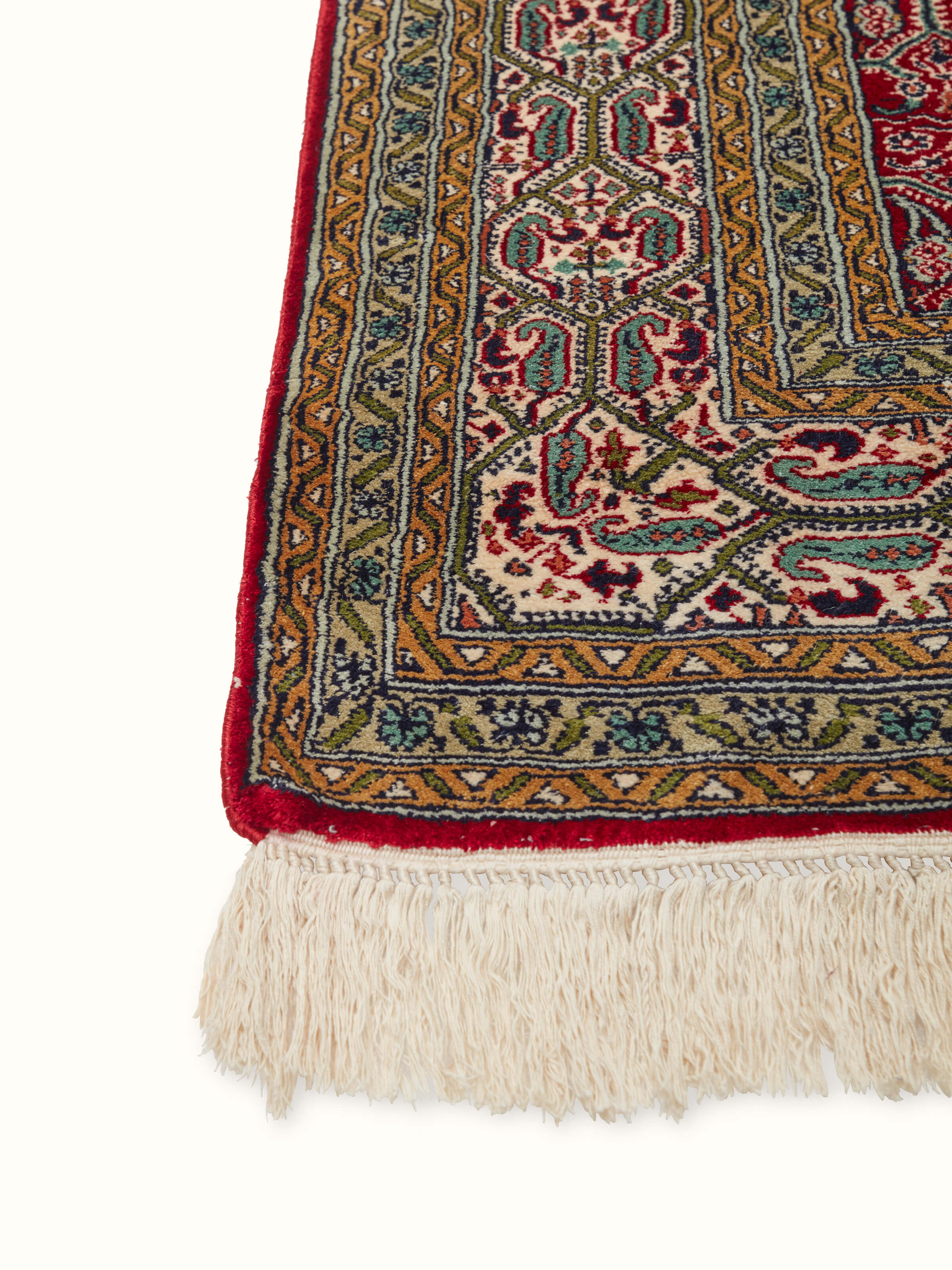 Front view of Traditional Persian Red Senna Kashmir Silk Hand-Knotted Carpet showcasing the full design and vibrant red hue.