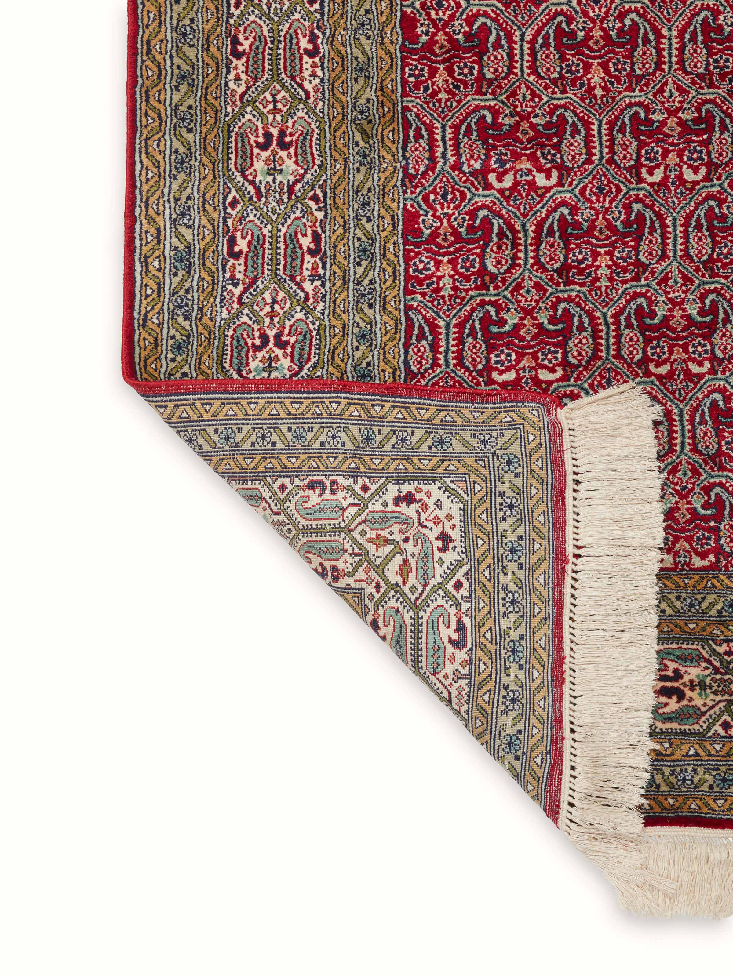 Full view of Traditional Persian Red Senna Kashmir Silk Hand-Knotted Carpet illustrating the complete pattern and luxurious silk texture