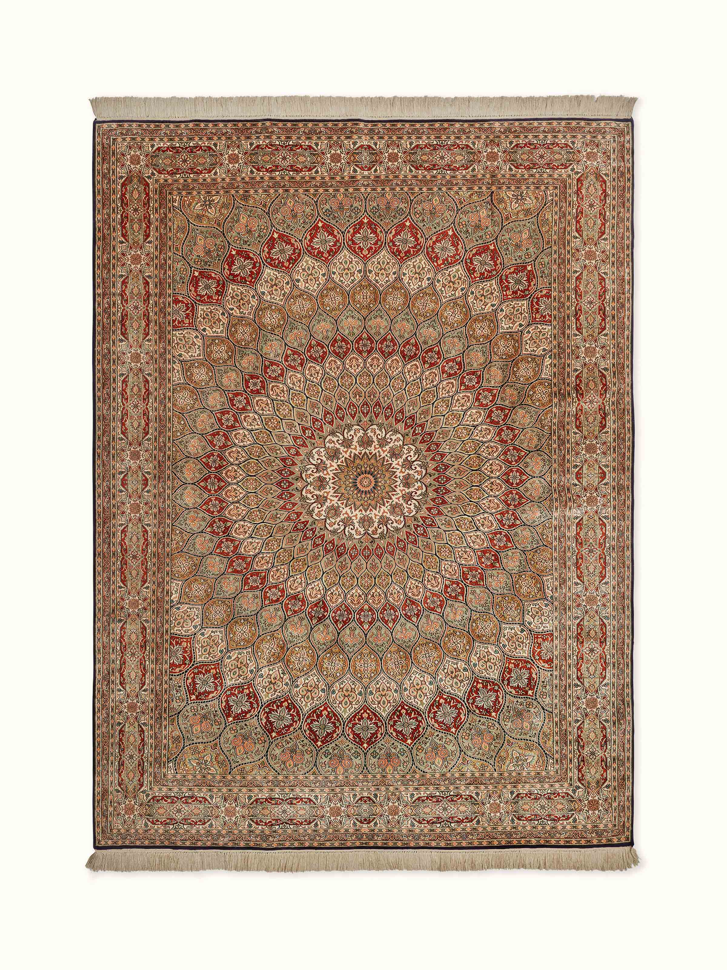 Full view of Traditional Persian rust gumbad Kashmir silk hand-knotted carpet, showcasing its rich colors and intricate design.