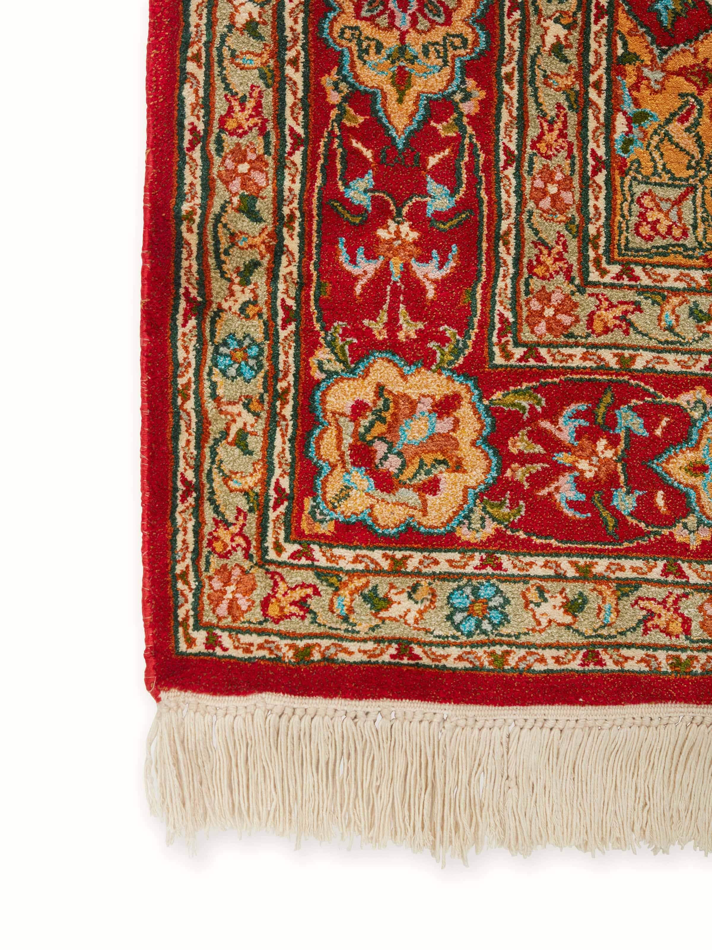 Full view of Traditional Persian red Kashan Kashmir silk hand-knotted runner displaying the traditional design and color.