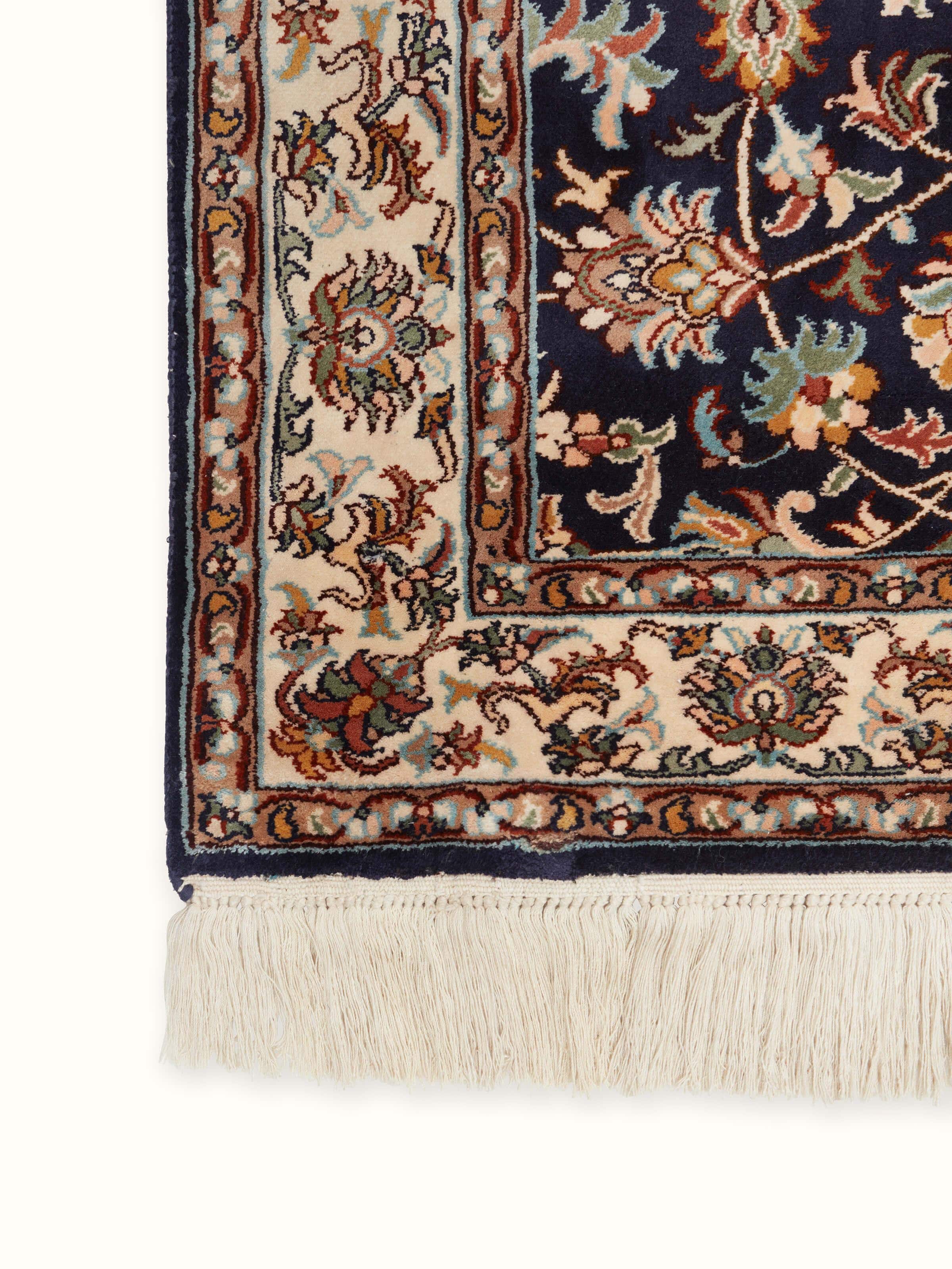 Close-up of Traditional Persian navy allover Kashmir silk hand-knotted runner focusing on the detailed craftsmanship and design.