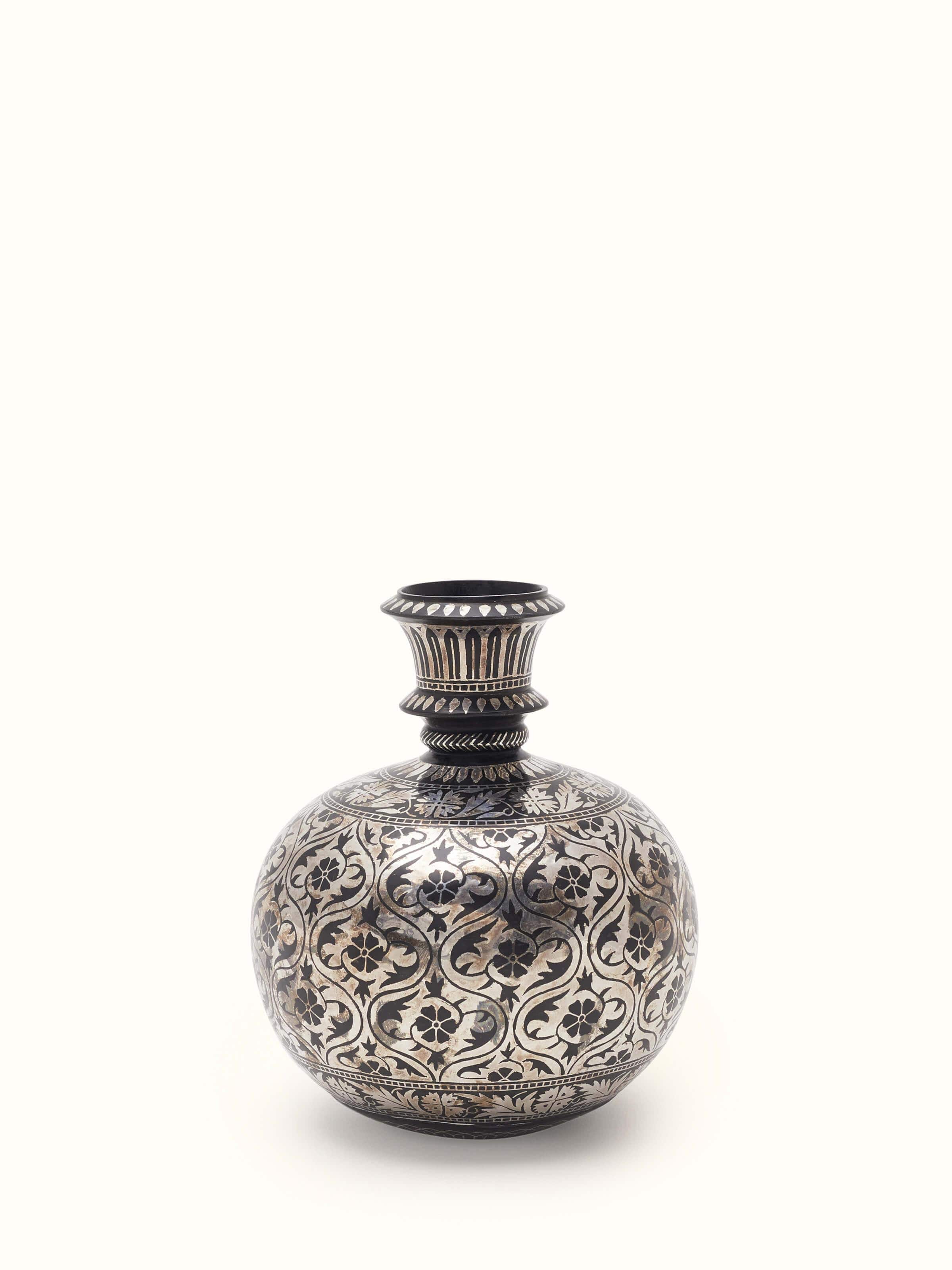 Front view of Bidri Zinc & Silver Hukkah Base Vase showcasing unique zinc and silver fusion and artistic detailing.