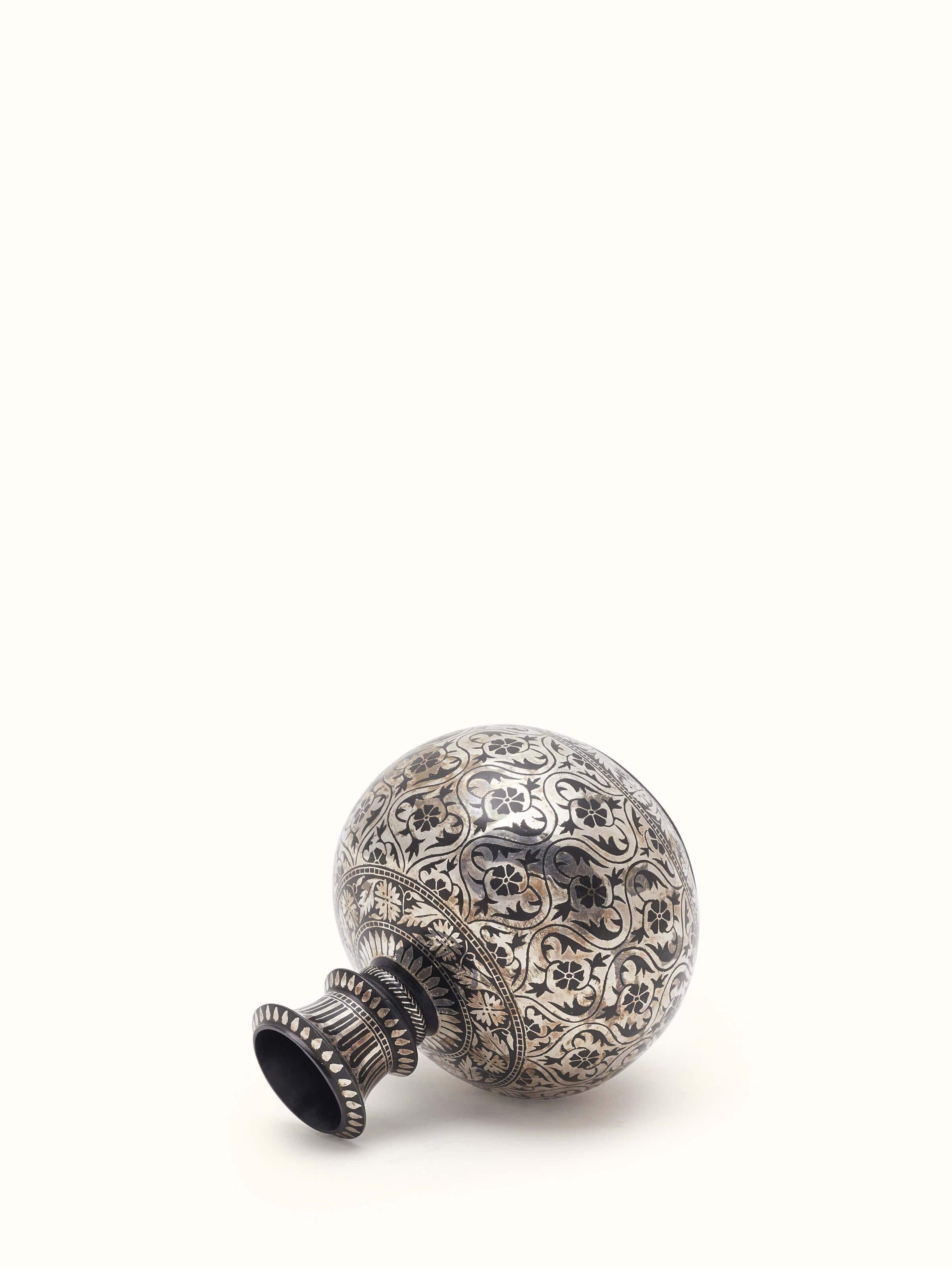 Side view of Bidri Zinc & Silver Hukkah Base Vase highlighting smooth curves and decorative patterns.