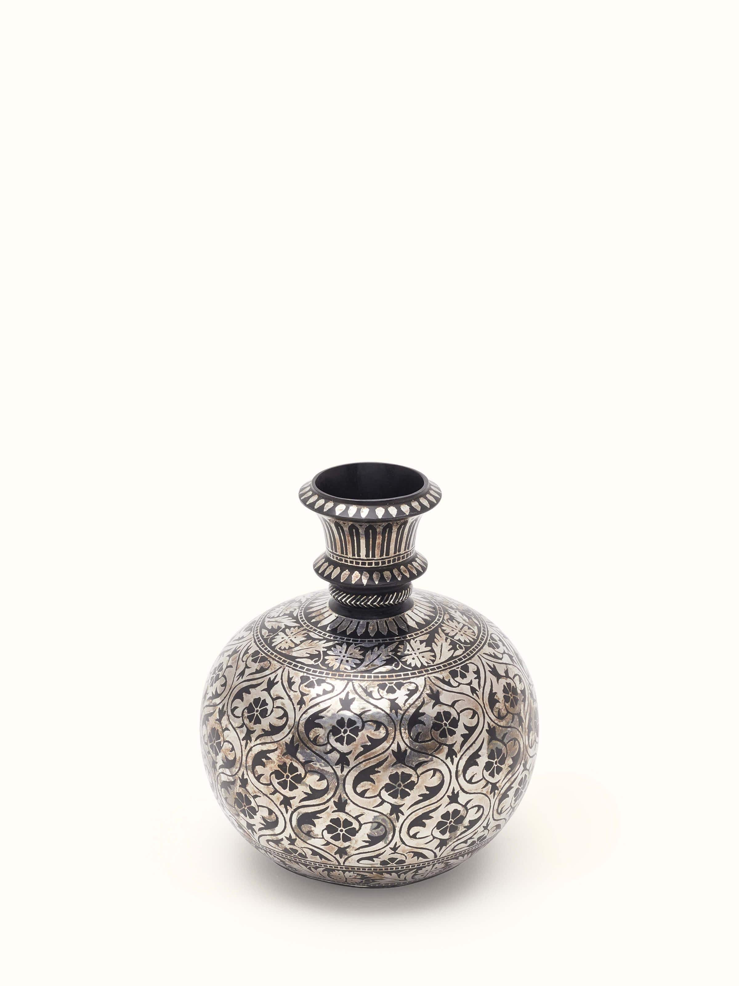 Detailed view of Bidri Zinc & Silver Hukkah Base Vase focusing on delicate silver inlay work and elegant design.