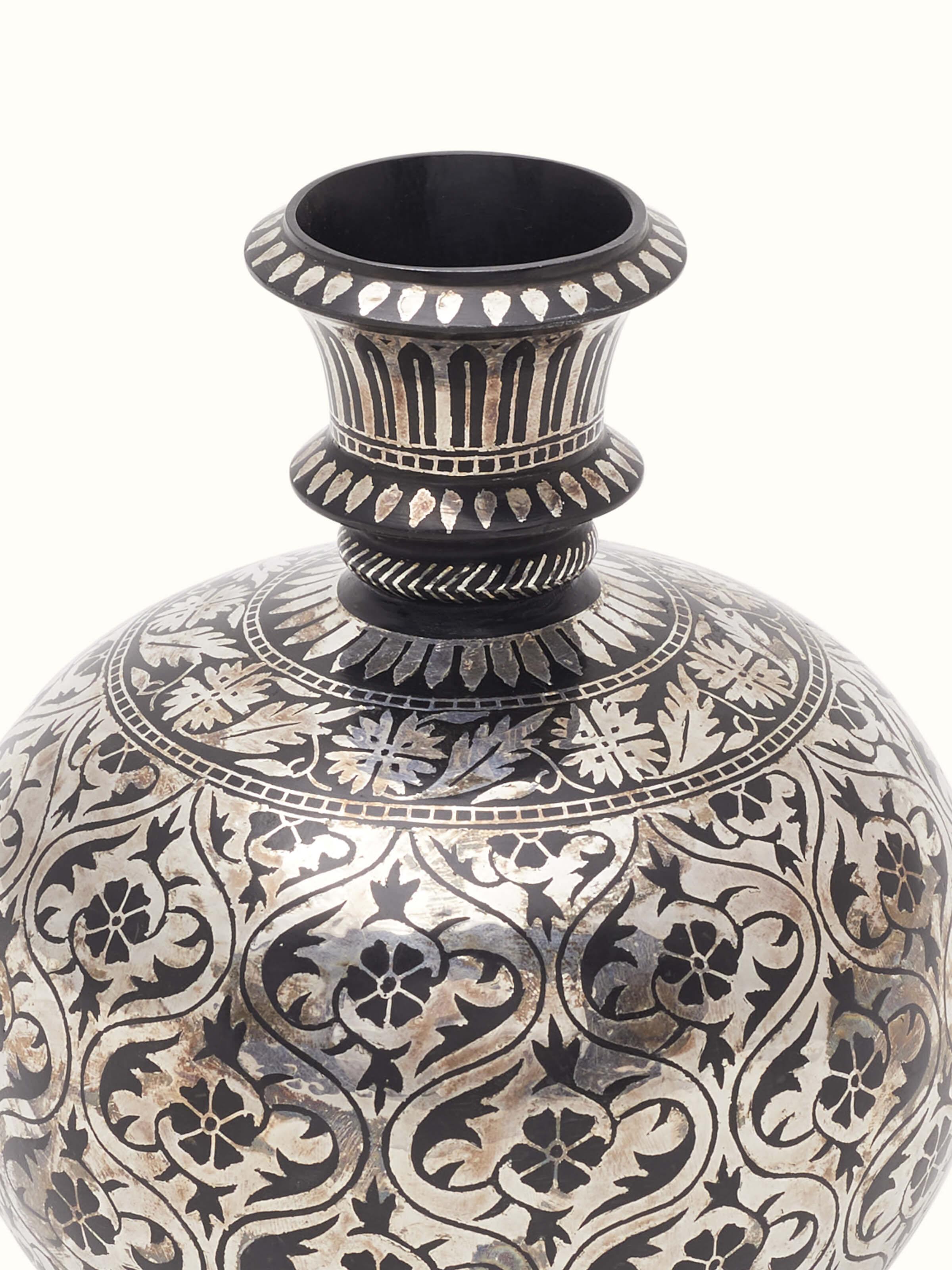 Close-up view of Bidri Zinc & Silver Hukkah Base Vase showcasing fine detailing and luxurious zinc-silver finish.