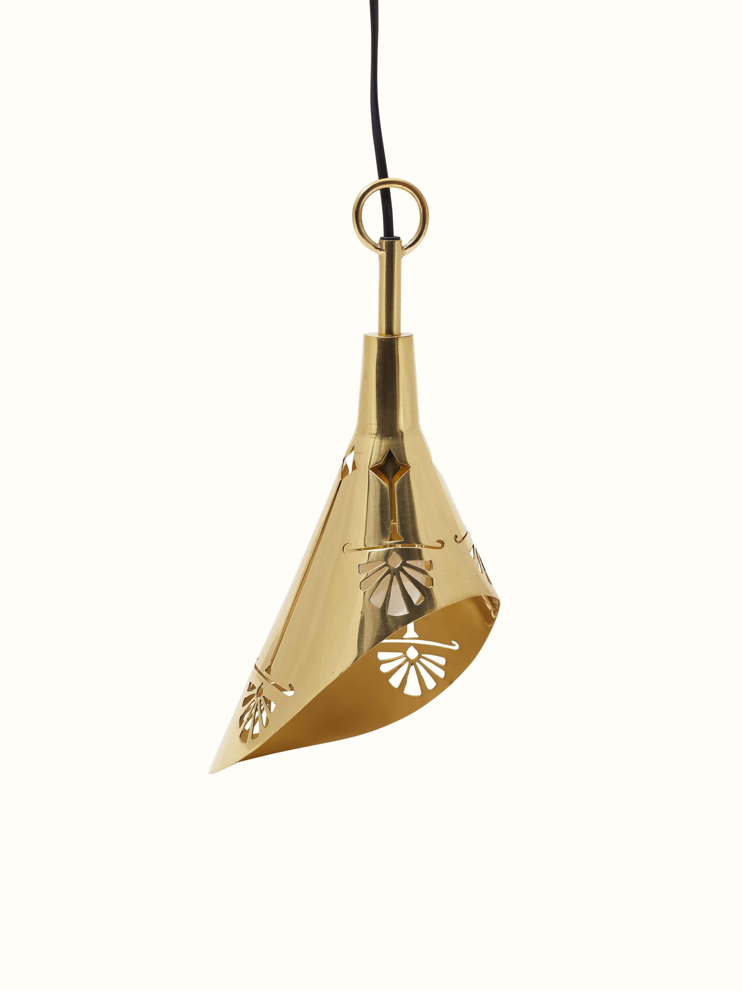 Angle view of Brassware Tulip Hanging Light highlighting its hanging feature and decorative design.