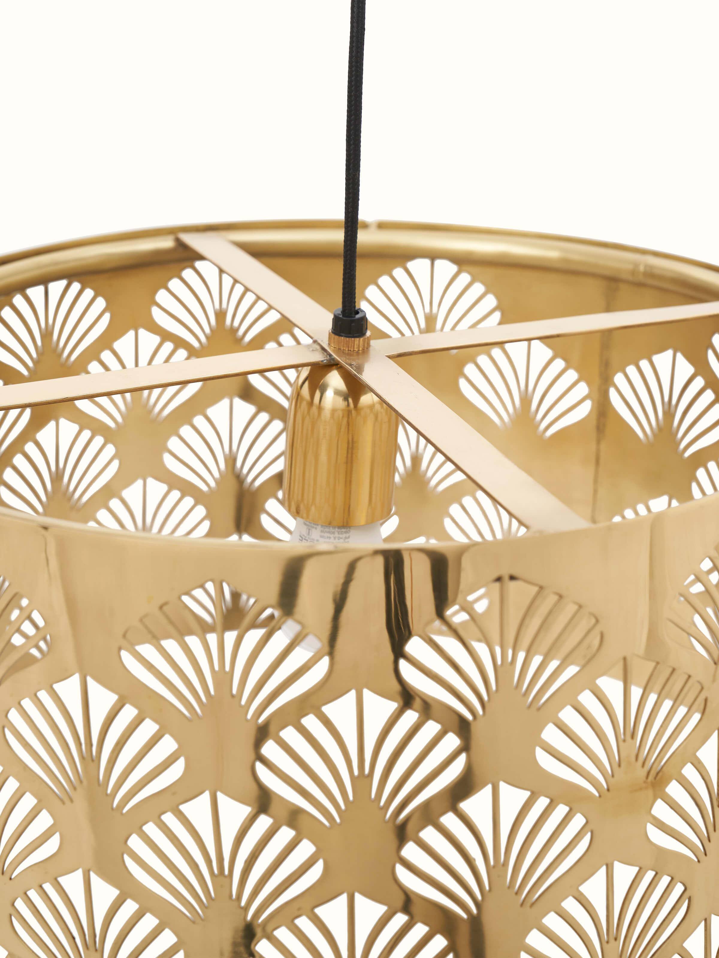 Angled view of Nakash Brass Pendant Light displaying its elegant shape and detailed brass finish.