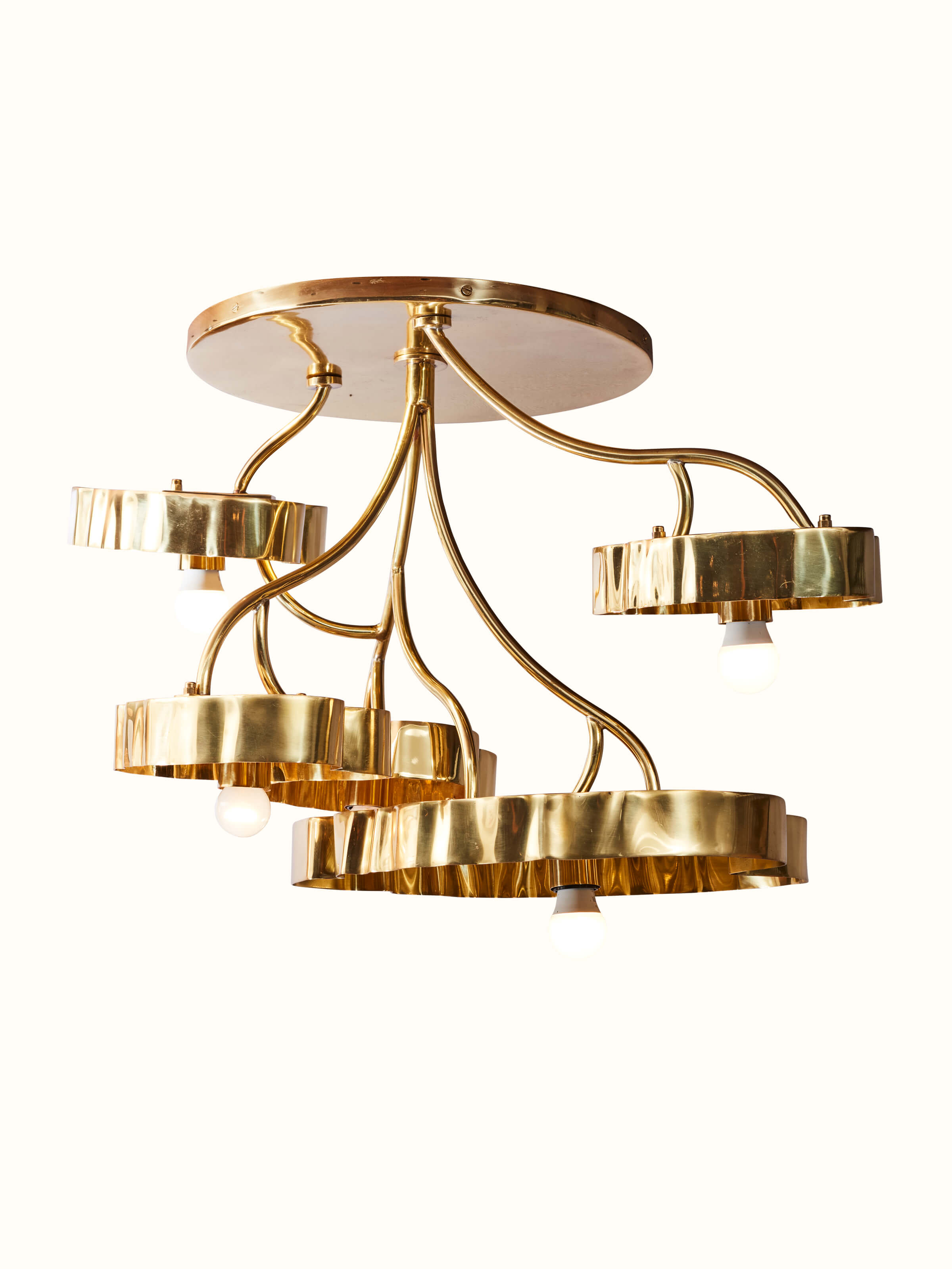 Angled view of Brass Nakkashi Chandelier displaying its ornate design and detailed brass finish.