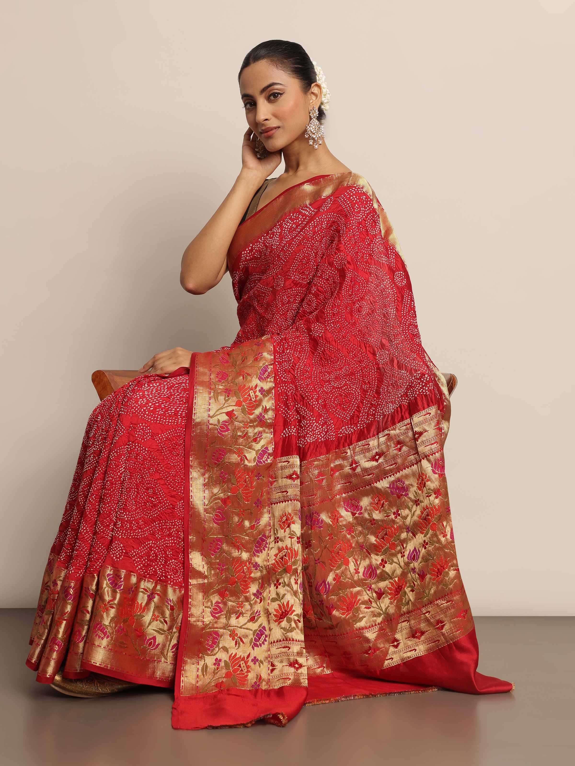Red Georgette Bandhani Tie & Dye Saree