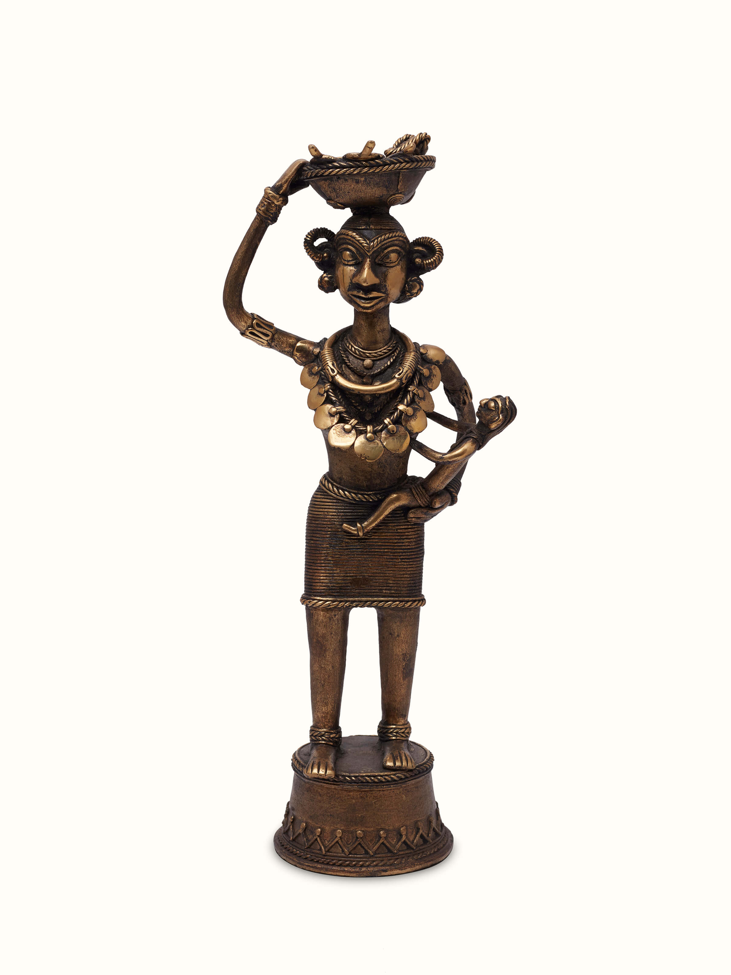 Front view of Dhokra Brass Tribal Mother Artpiece, featuring a handcrafted brass figure of a tribal mother in fine detail.
