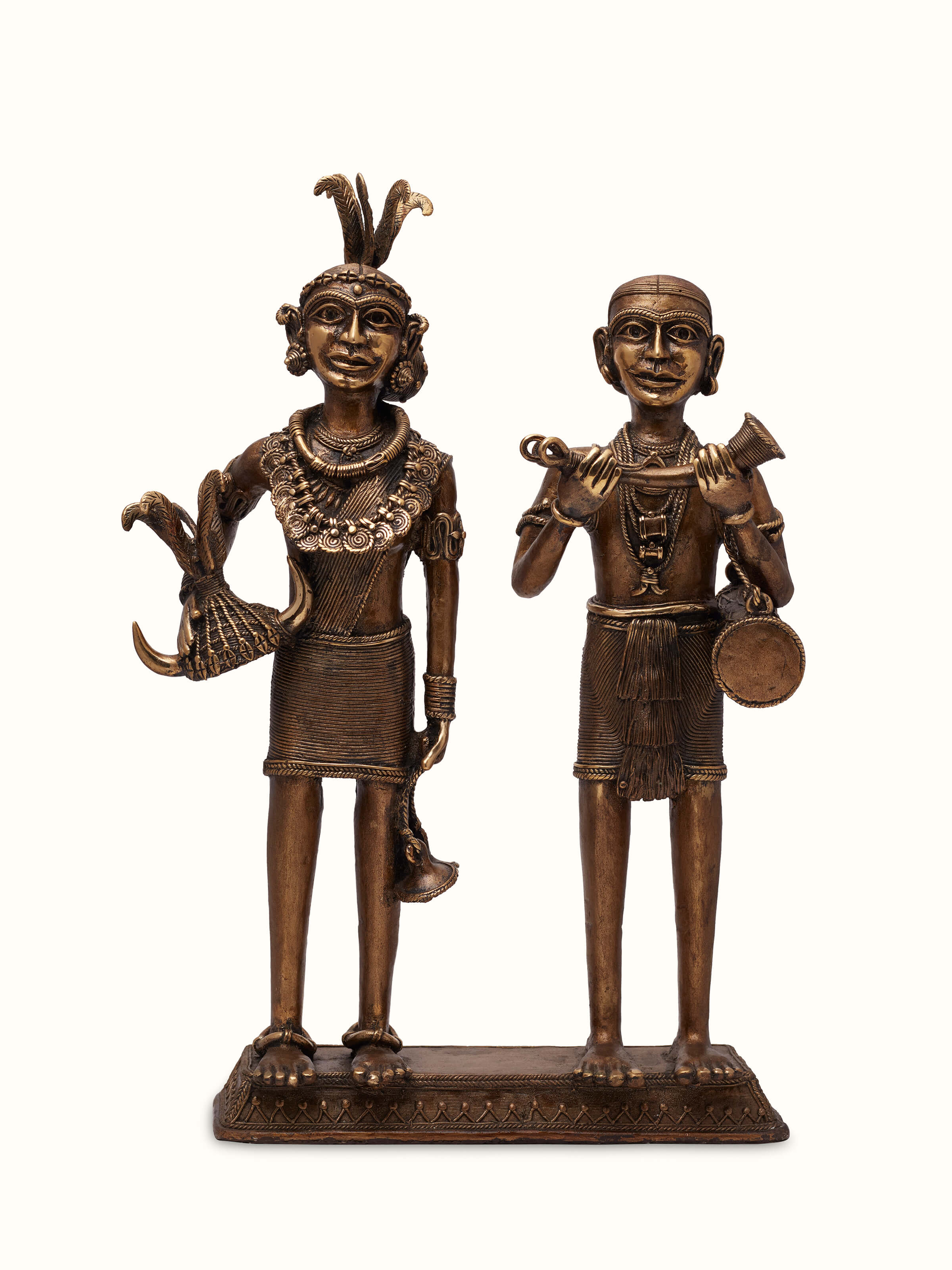 Front view of Dhokra Brass Ghotul couple artpiece displaying fine detailing and tribal-inspired design elements.