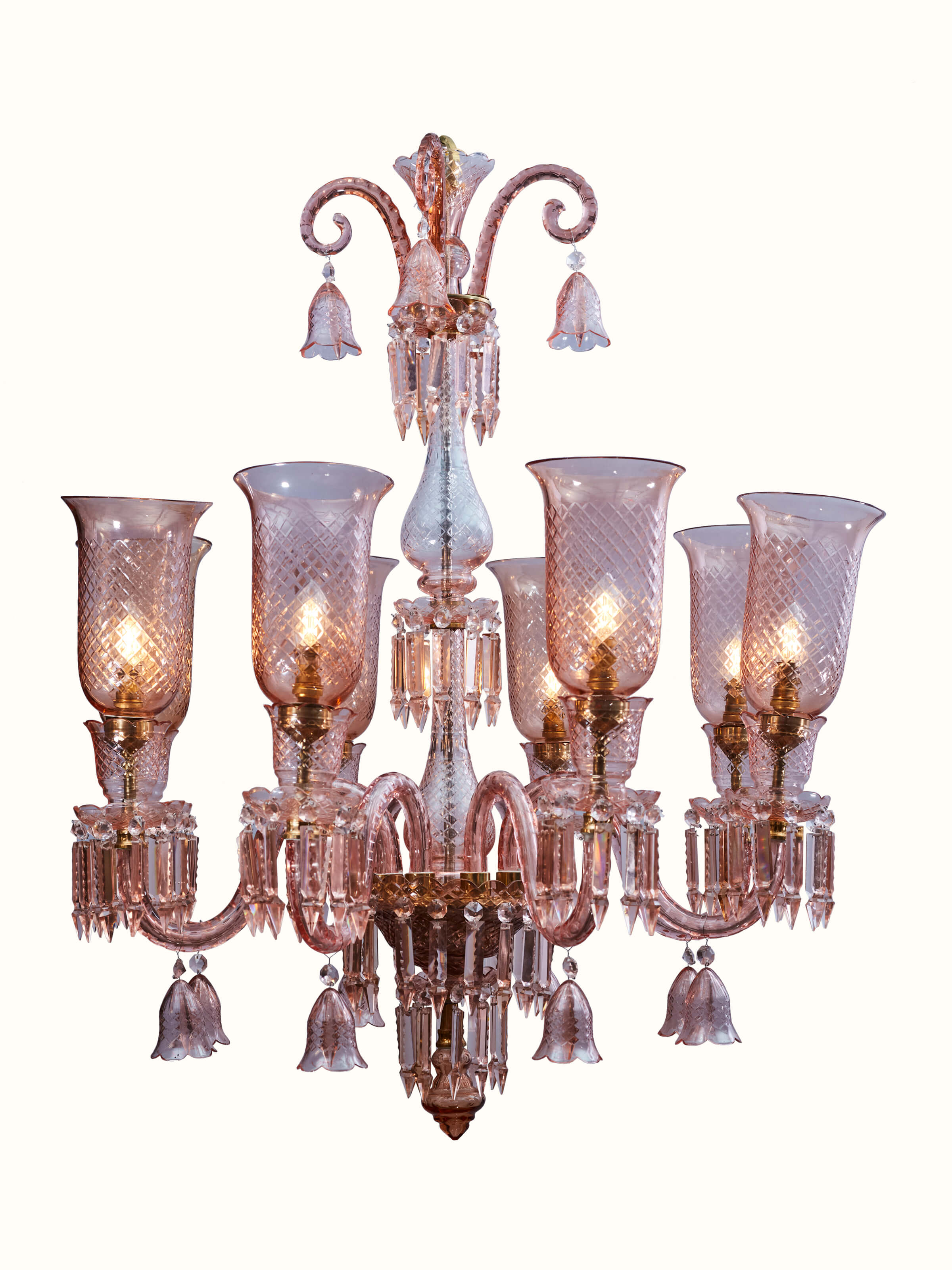 Front view of Pink Glass Chandelier showcasing its elegant design and delicate pink glass.