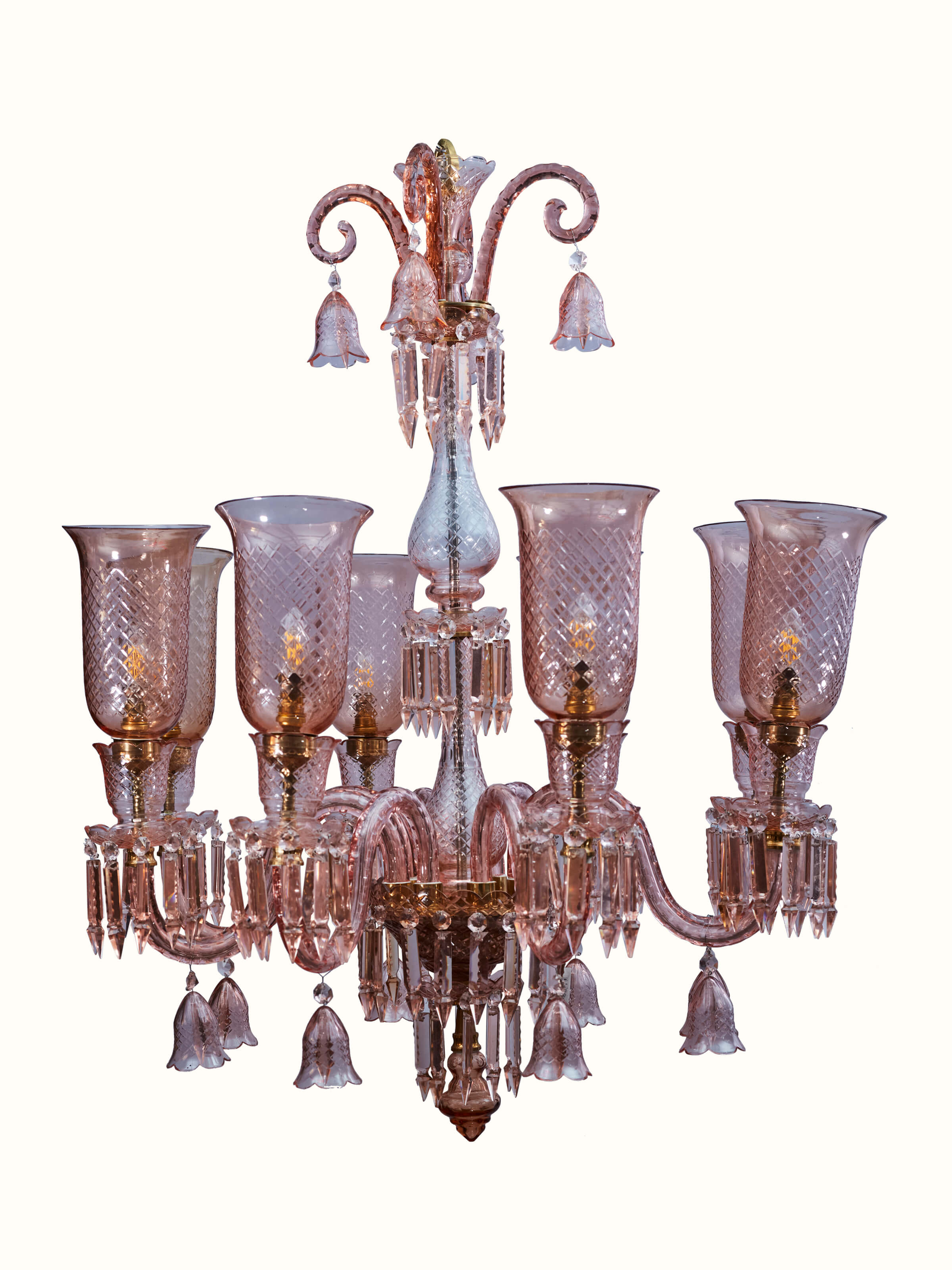 Side view of Pink Glass Chandelier highlighting the intricate glasswork and pink hue.