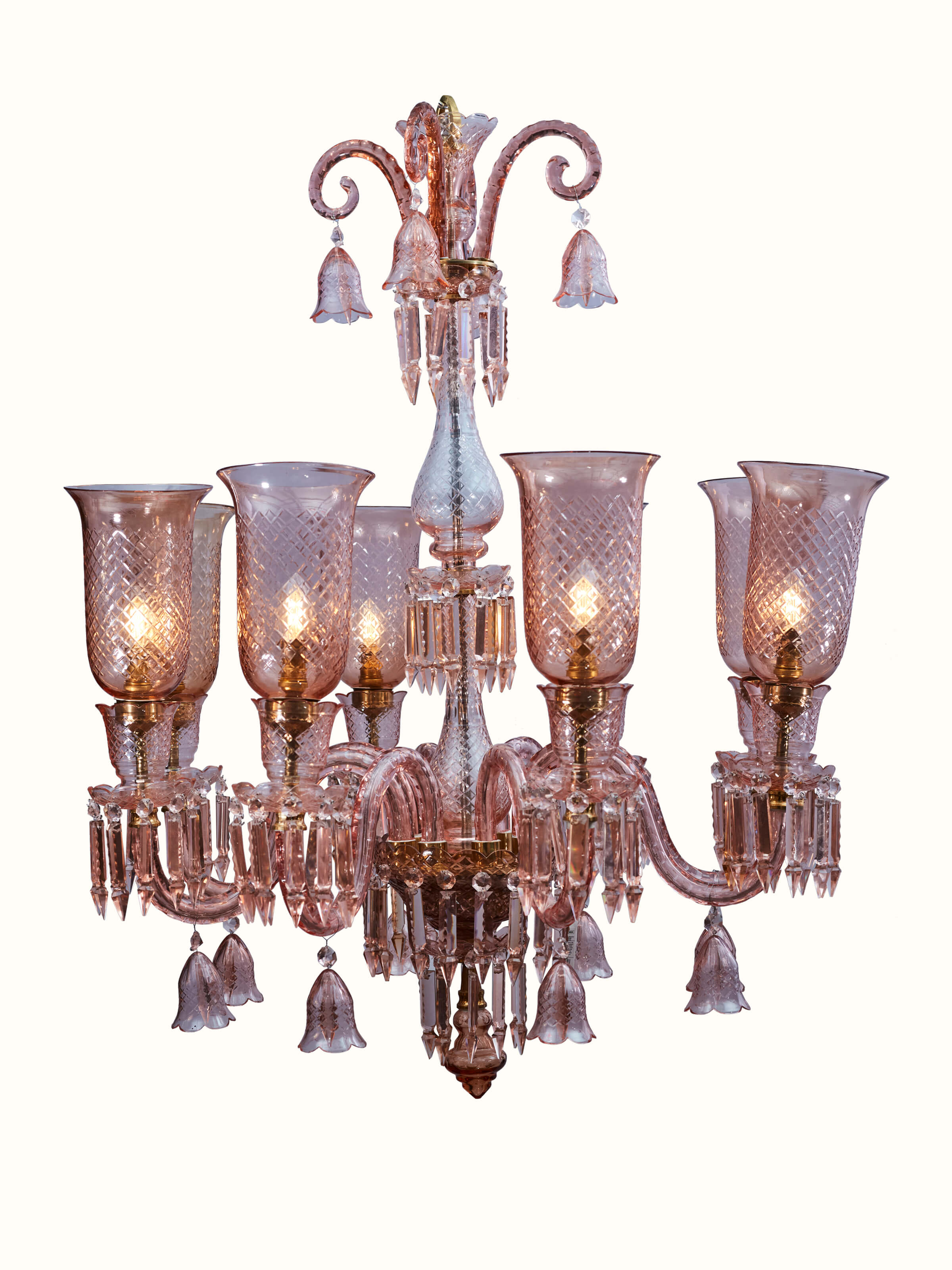 Angled view of Pink Glass Chandelier displaying its overall design and elegance.