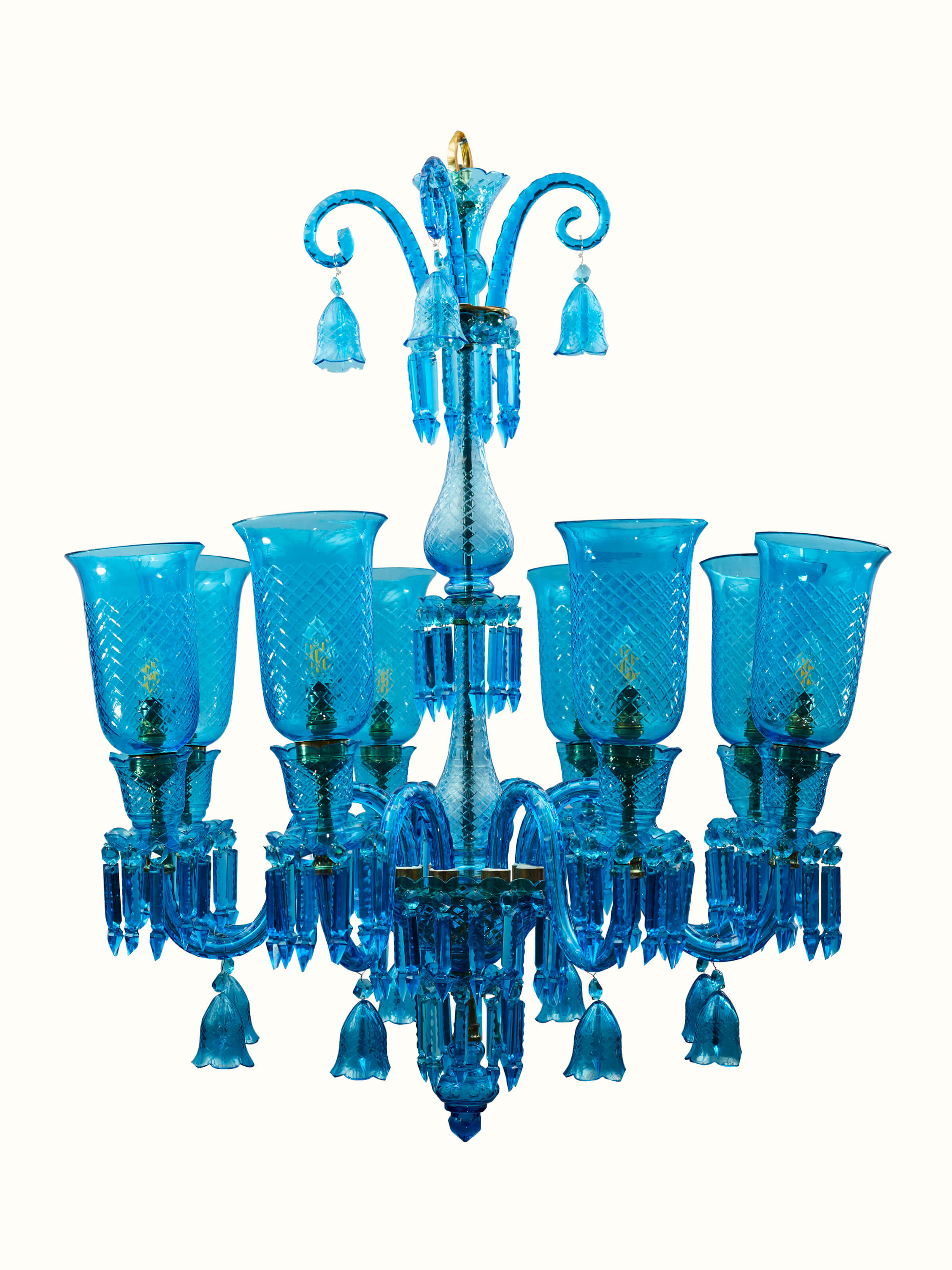 Front view of Blue Glass Chandelier highlighting its vibrant blue glass and intricate design.