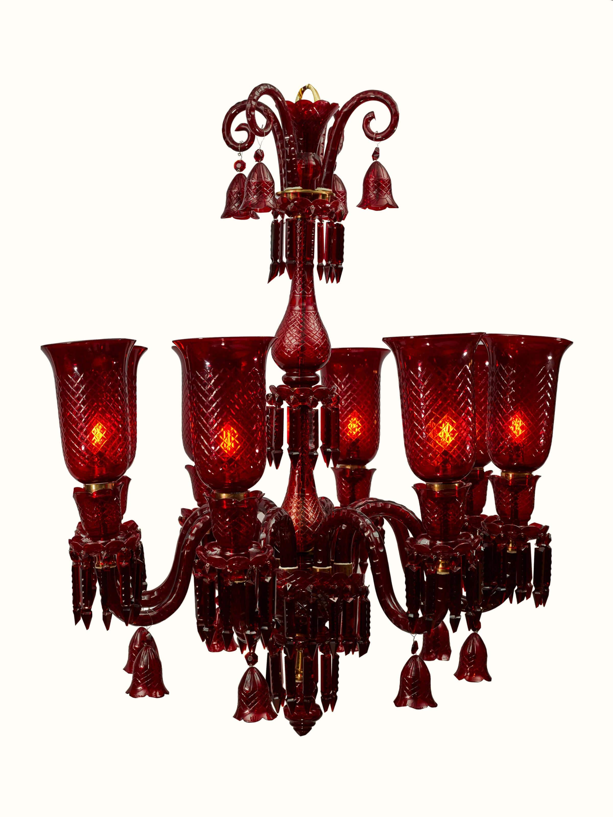Front view of Glass Red Chandelier highlighting its vibrant red color and elegant design.