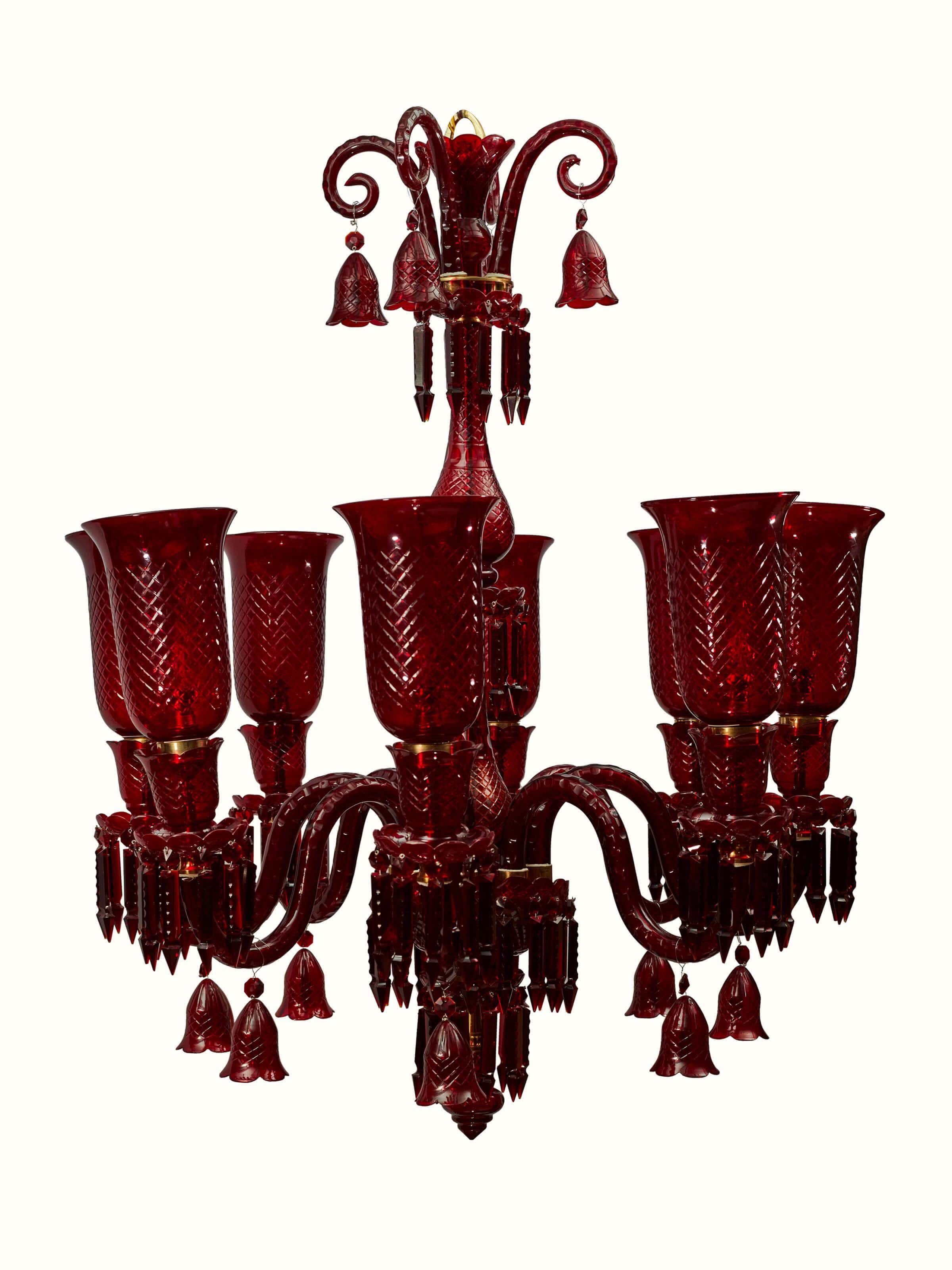 Alternate view of Glass Red Chandelier showcasing its red glass details and overall structure.