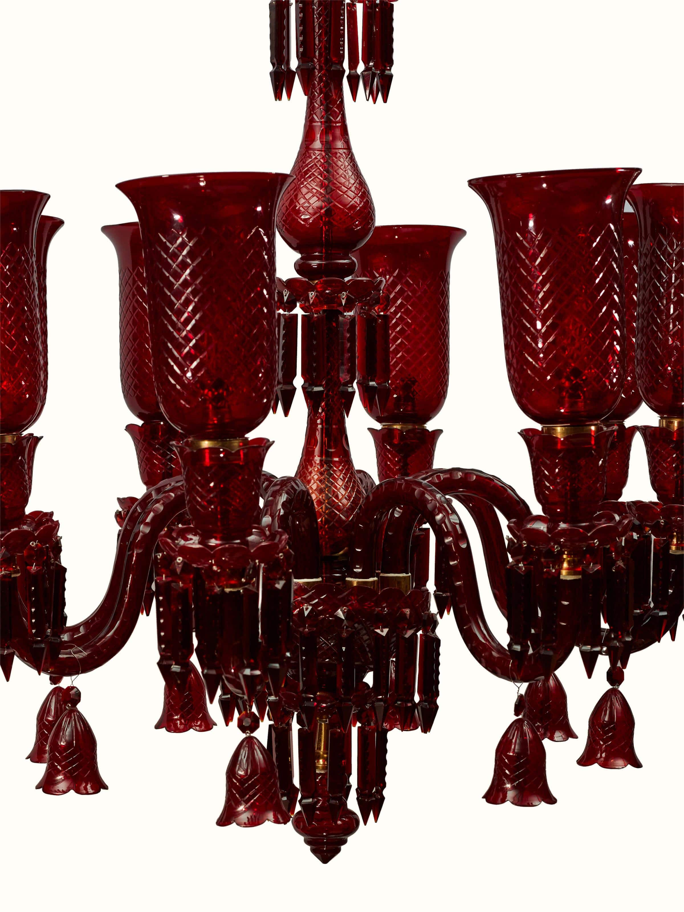 Detail view of Glass Red Chandelier focusing on the glasswork and intricate design elements.